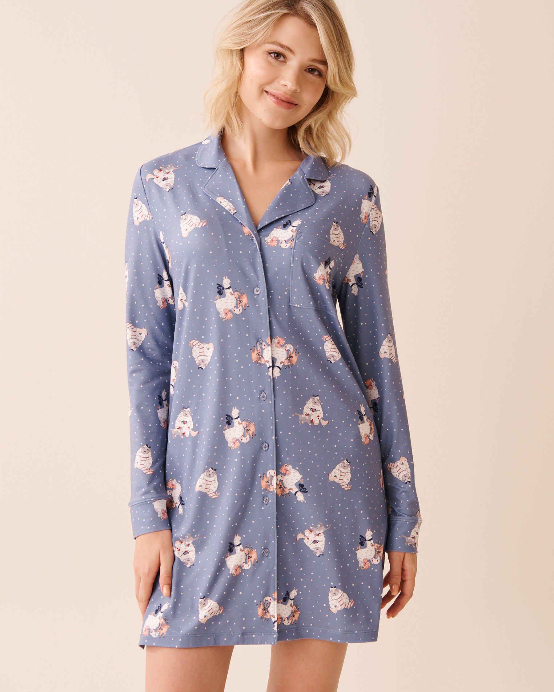 LA VIE EN ROSE Farm Friends Print Super Soft Button-down Sleepshirt Light Blue/Farm Animals 40500462 - View1
