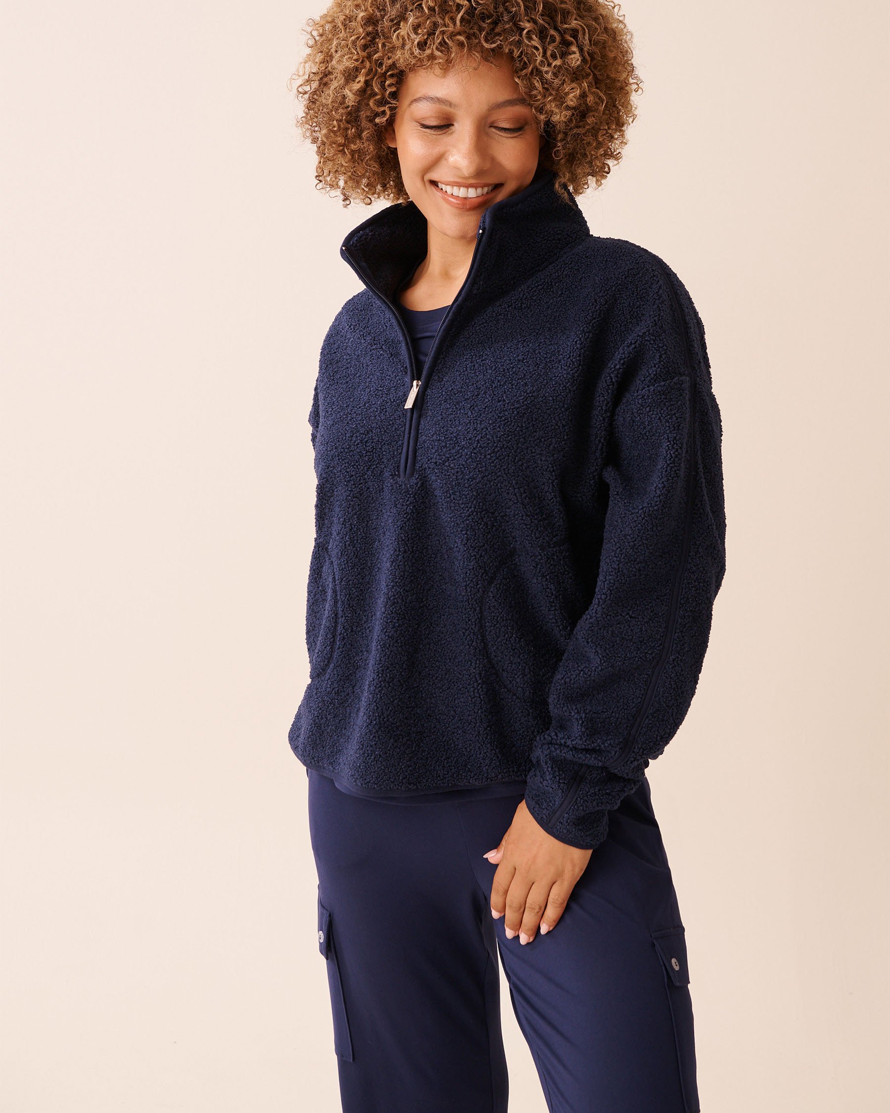 LA VIE EN ROSE Teddy Fleece Half-zip Sweatshirt Evening Blue 40600214 - View1