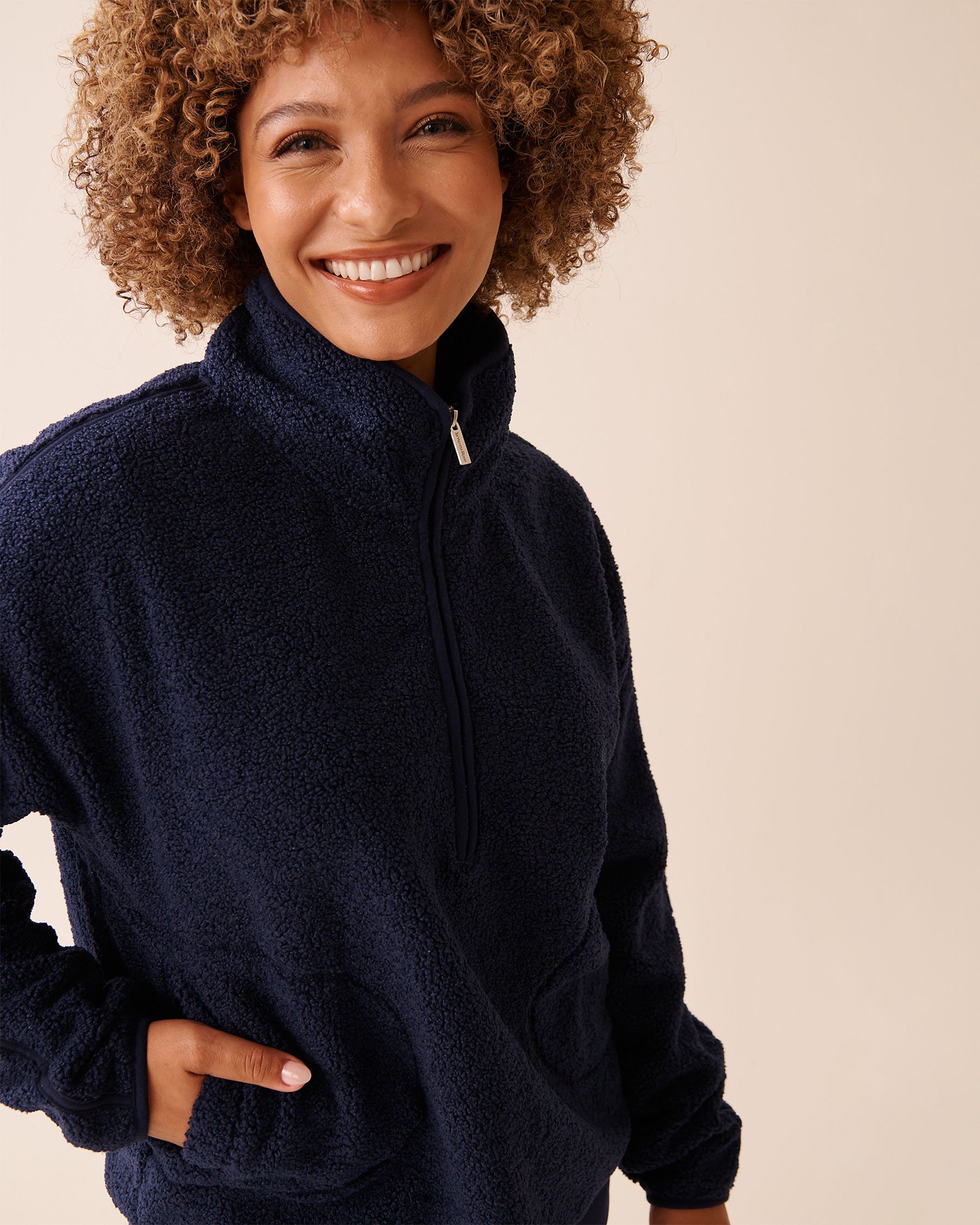 LA VIE EN ROSE Teddy Fleece Half-zip Sweatshirt Evening Blue 40600214 - View3