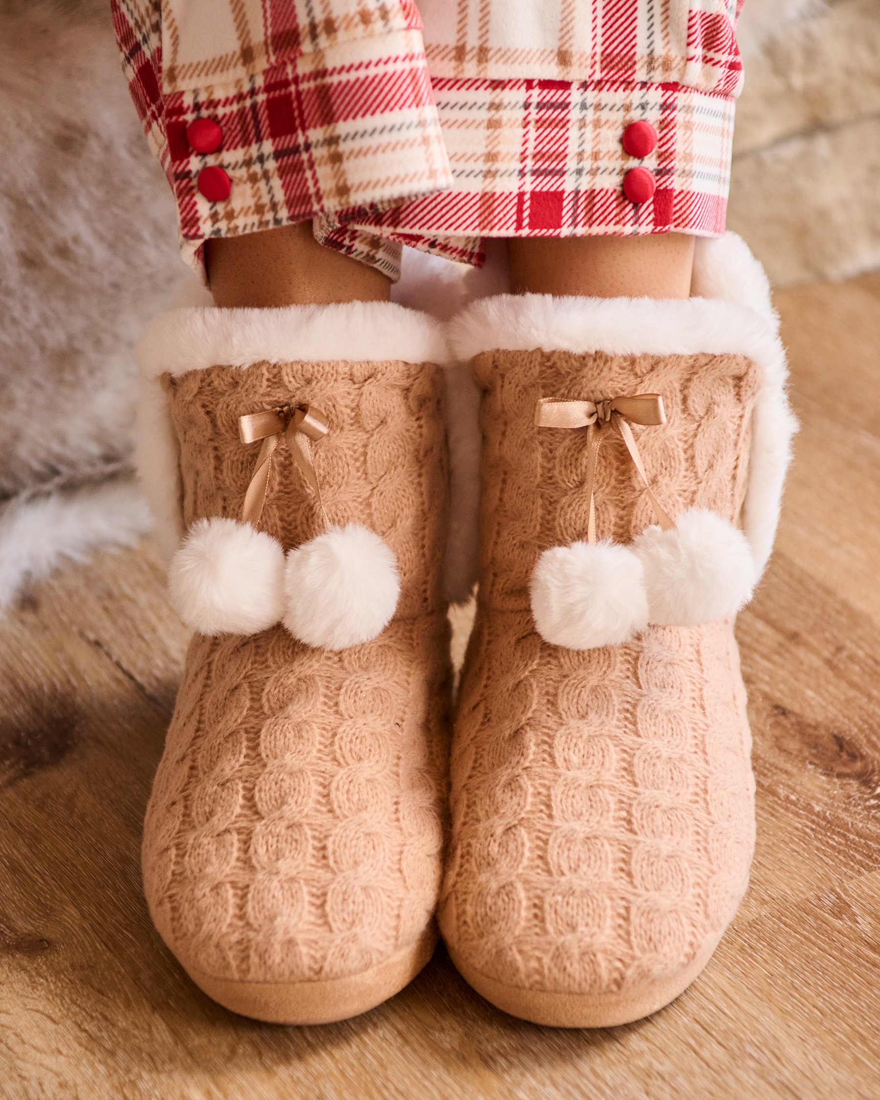 LA VIE EN ROSE Pompom Knitted Bootie Slippers Light Brown 40700443 - View1