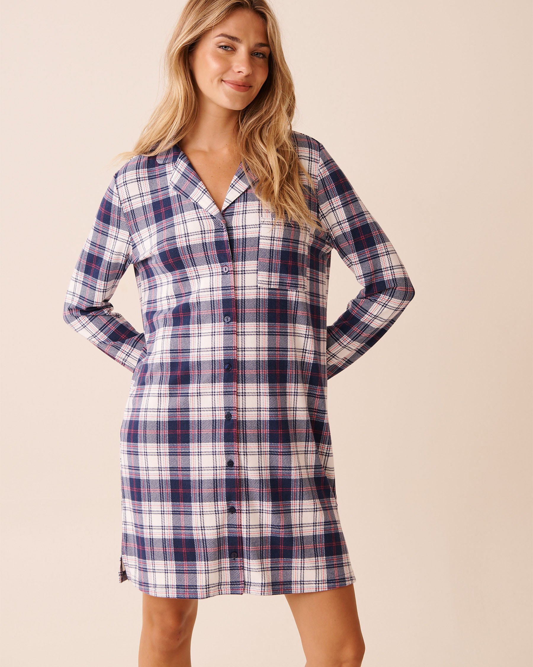 LA VIE EN ROSE Blue Plaid Recycled Fibers Button-down Sleepshirt Blue Plaid 40500457 - View1
