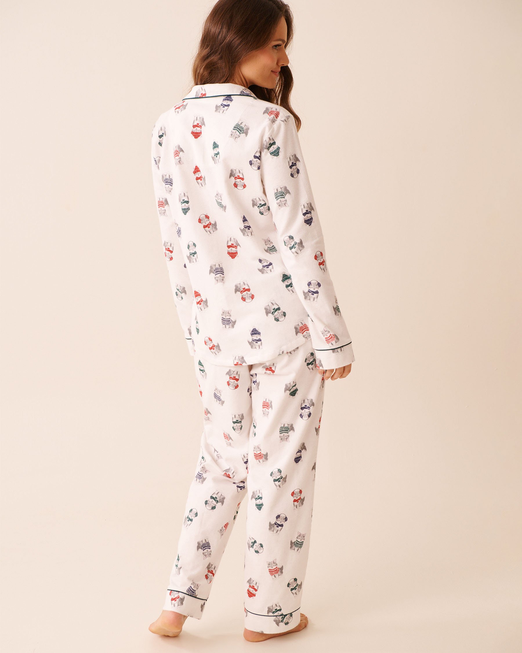 LA VIE EN ROSE Cat Print Flannel PJ Set White/Cats 40400089 - View2