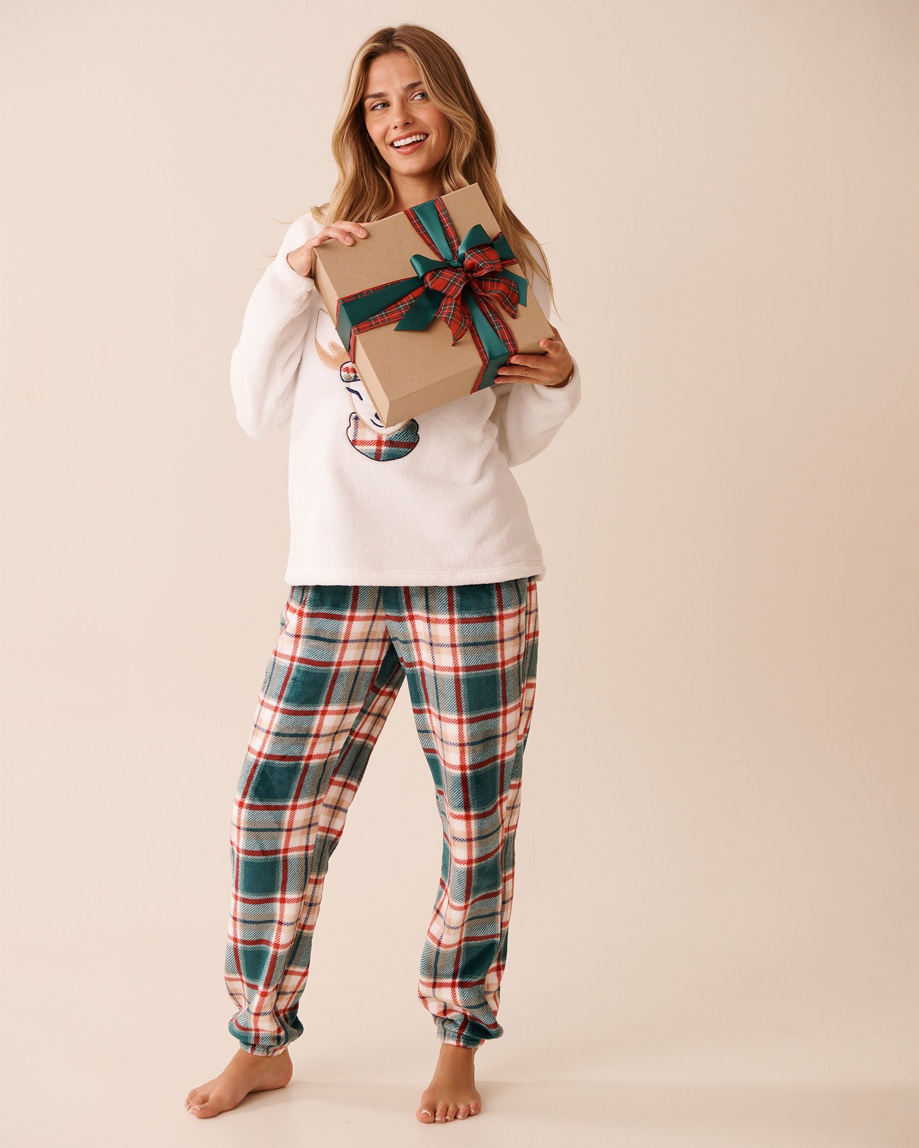 LA VIE EN ROSE Ensemble pyjama en peluche douce imprimé cerf Blanc/Cerf 40400092 - Voir4