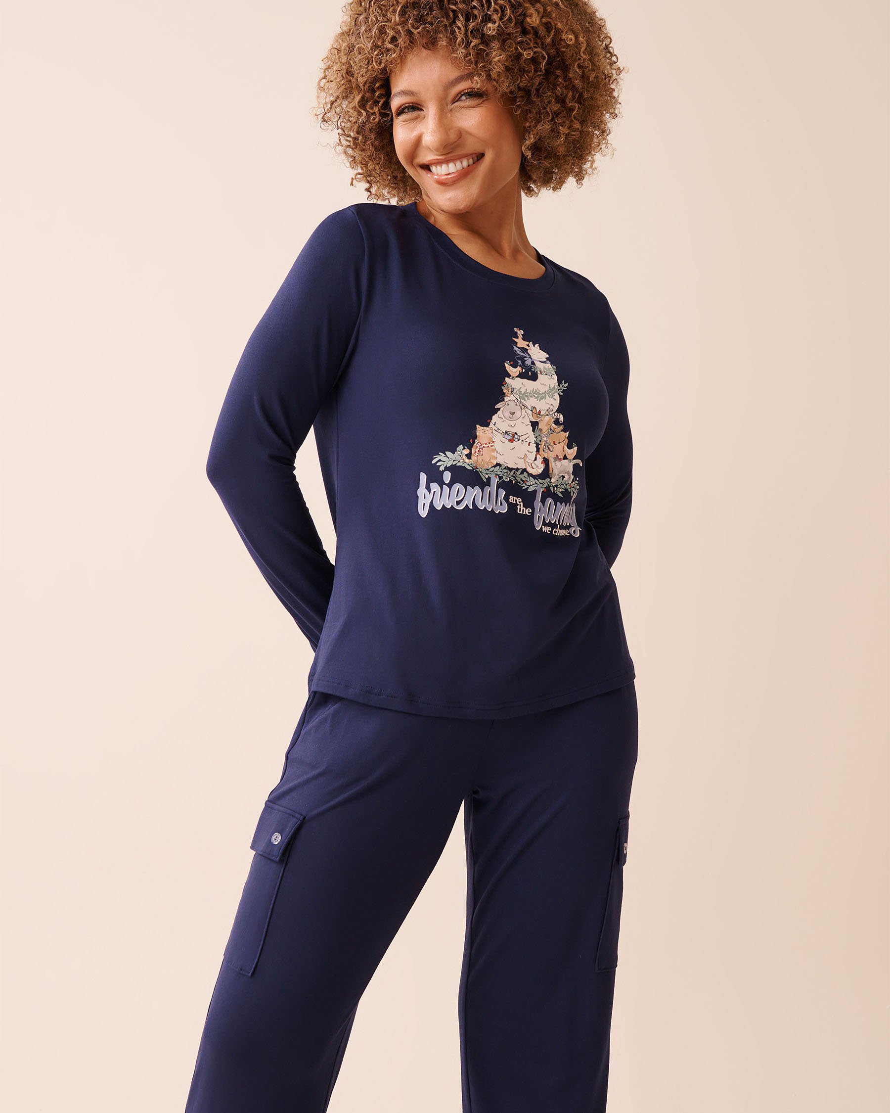 LA VIE EN ROSE Farm Friends Print Super Soft Long Sleeve Shirt Evening Blue 40100807 - View1