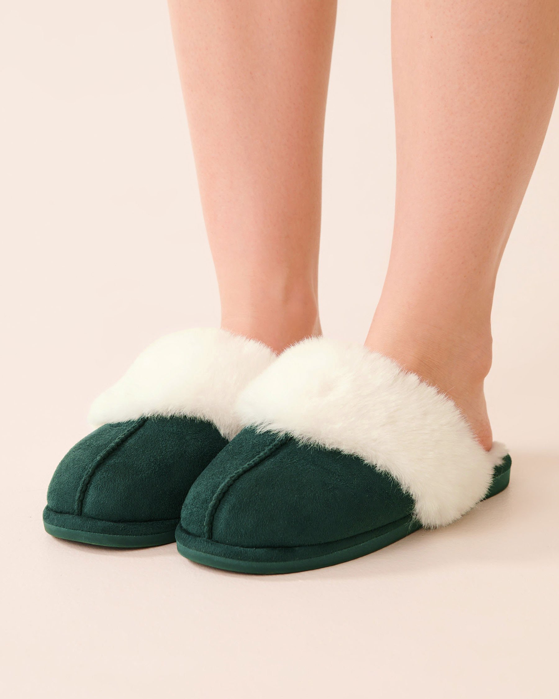 LA VIE EN ROSE Faux Suede and Faux Fur Slippers Fir Green 40700431 - View3