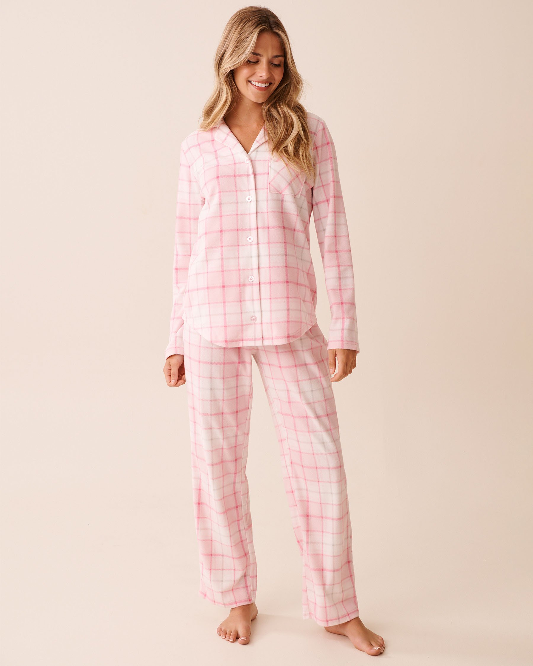 LA VIE EN ROSE Pink Plaid Microfleece PJ Set Light Pink Plaid 40400090 - View1
