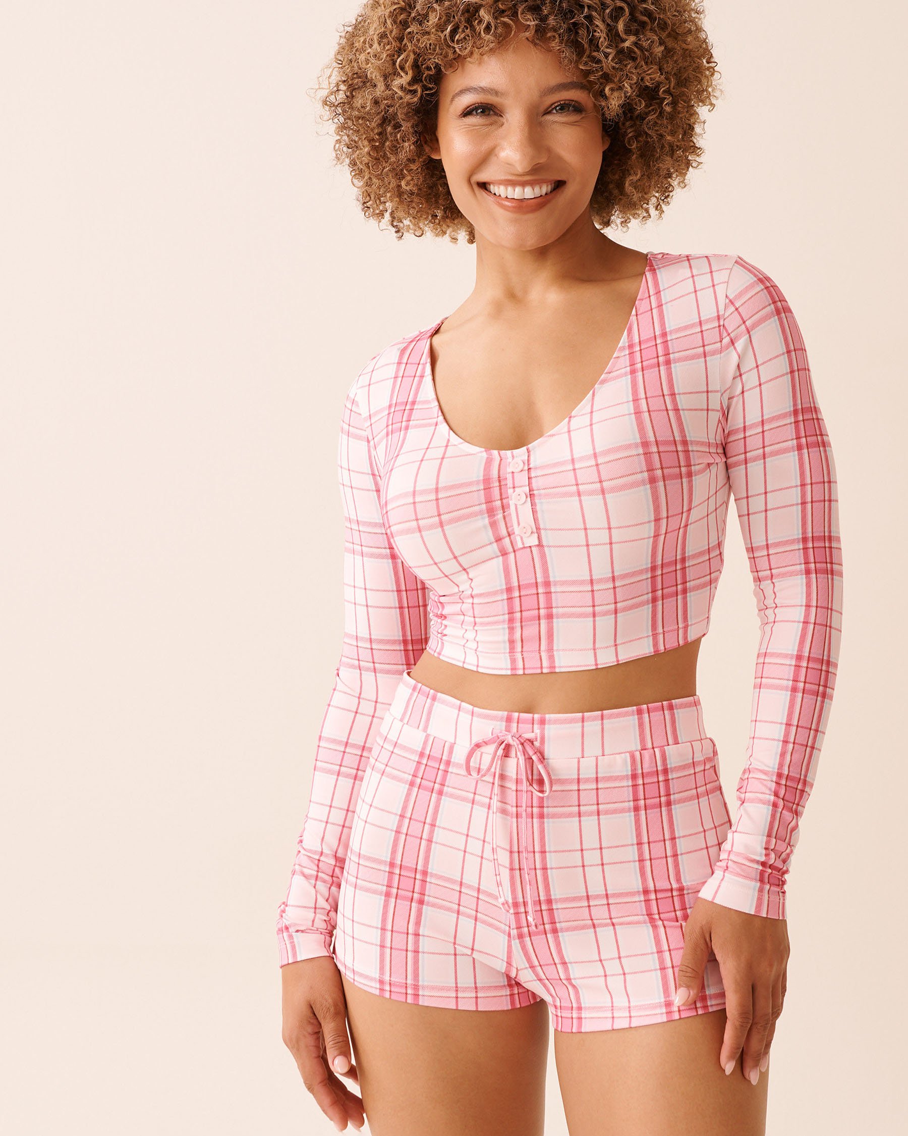 LA VIE EN ROSE Pink Plaid Super Soft Long Sleeve Crop Top Pink Plaid 40100812 - View1
