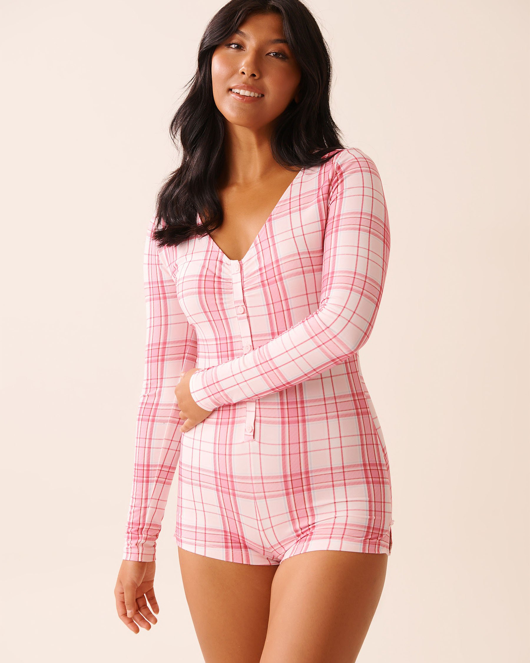 LA VIE EN ROSE Pink Plaid Super Soft Long Sleeve Romper Pink Plaid 40300062 - View1