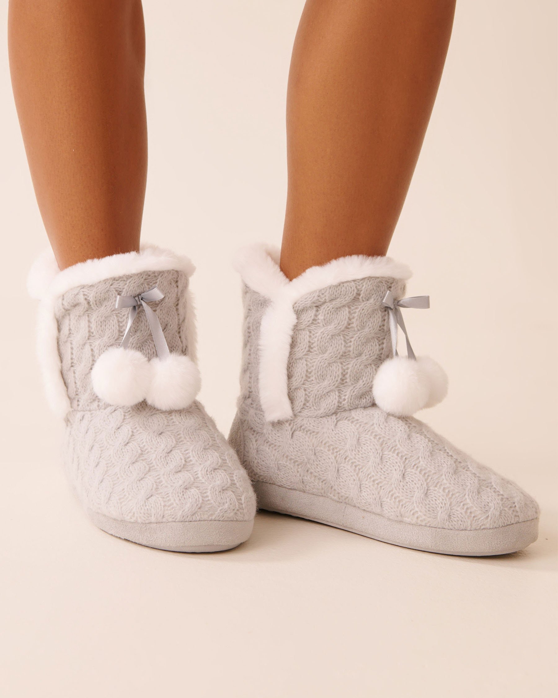 LA VIE EN ROSE Pompom Knitted Bootie Slippers Grey 40700443 - View1