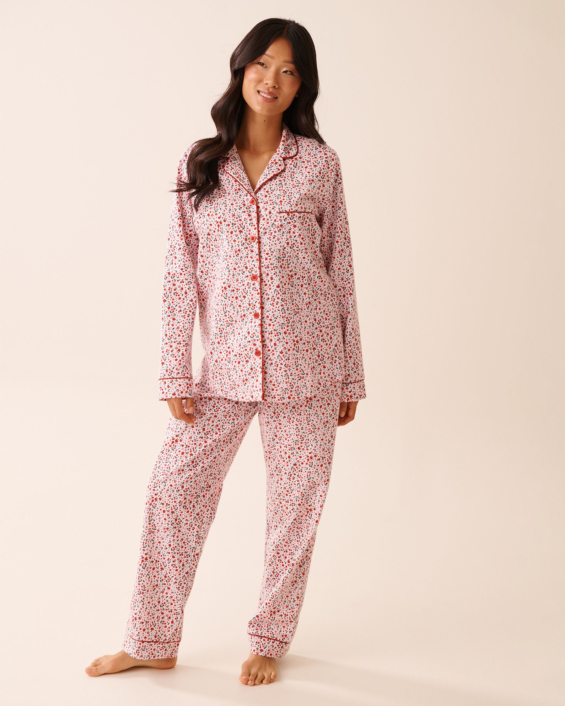 LA VIE EN ROSE Red Floral Print Flannel PJ Set Red Floral 40400089 - View3