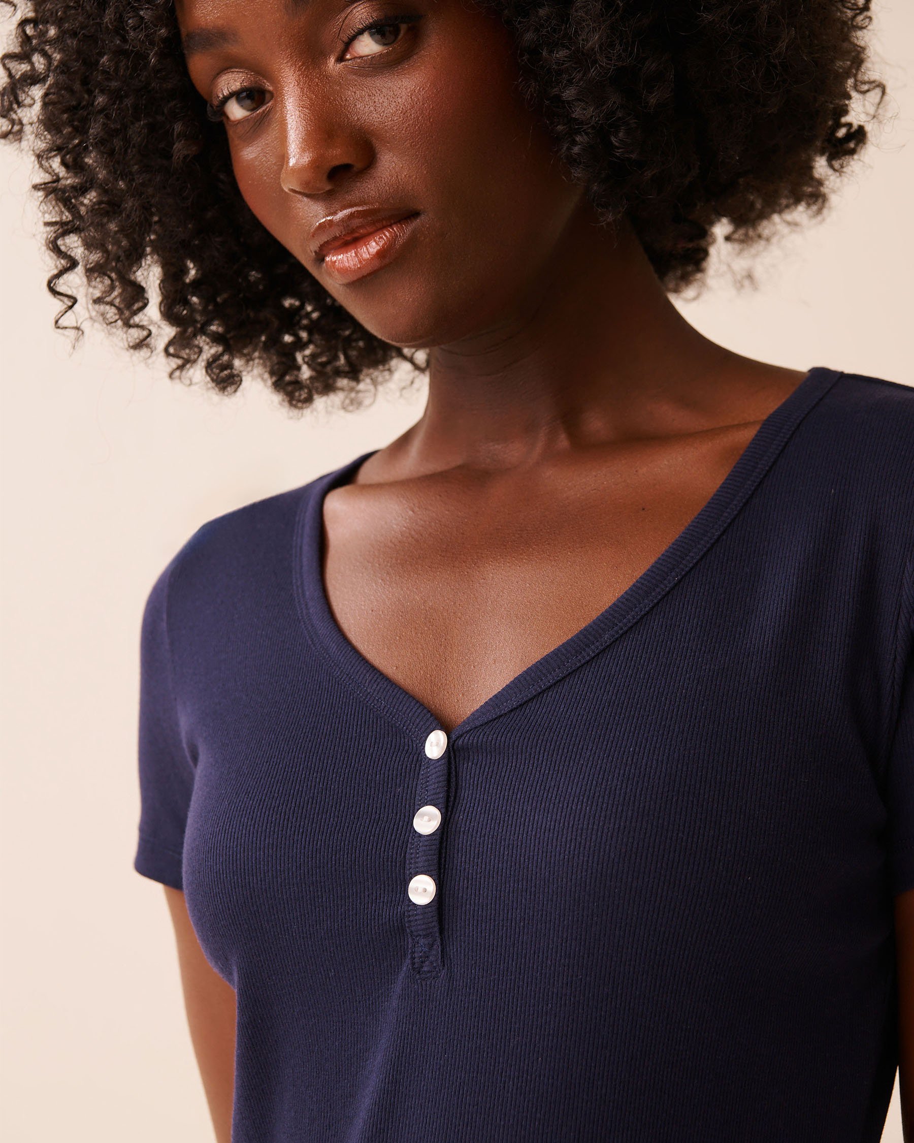 LA VIE EN ROSE Ribbed Henley T-shirt Evening Blue 40100804 - View3