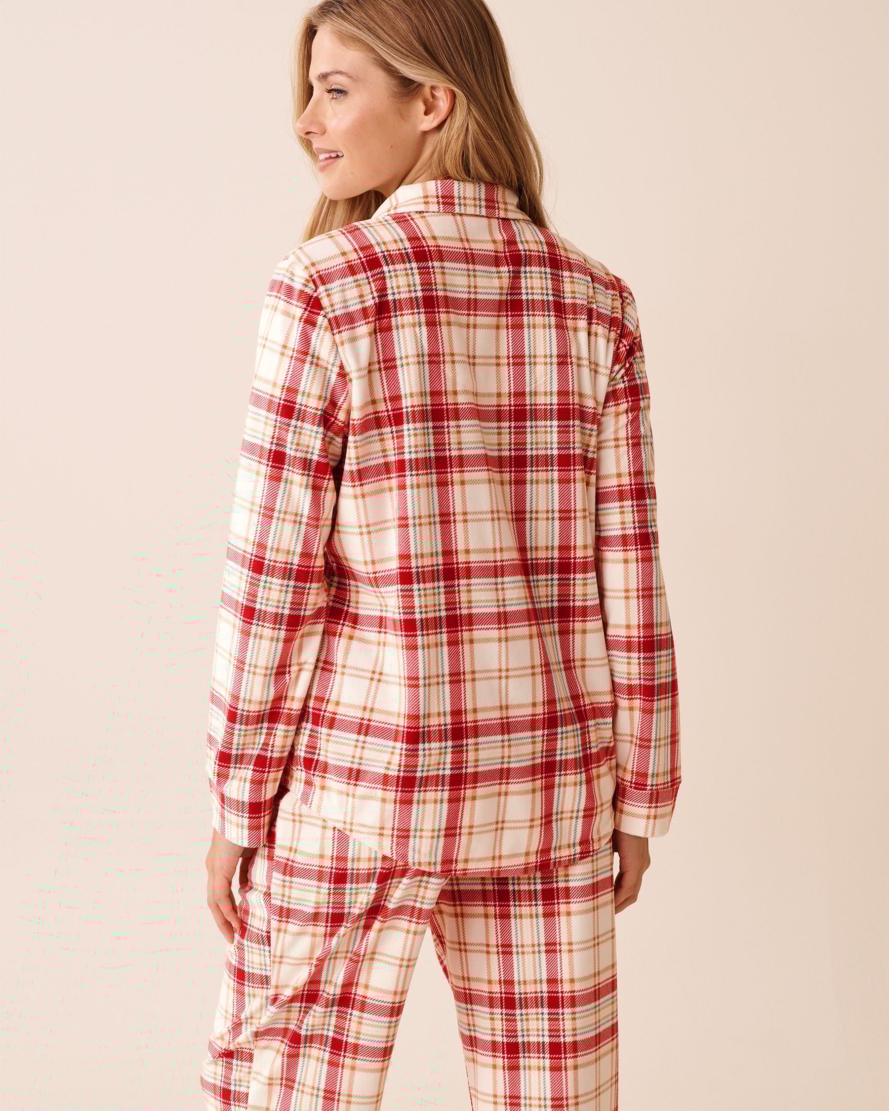 LA VIE EN ROSE Red & Beige Plaid Soft Velour Button-down Shirt Red & Beige Plaid 40100799 - View5
