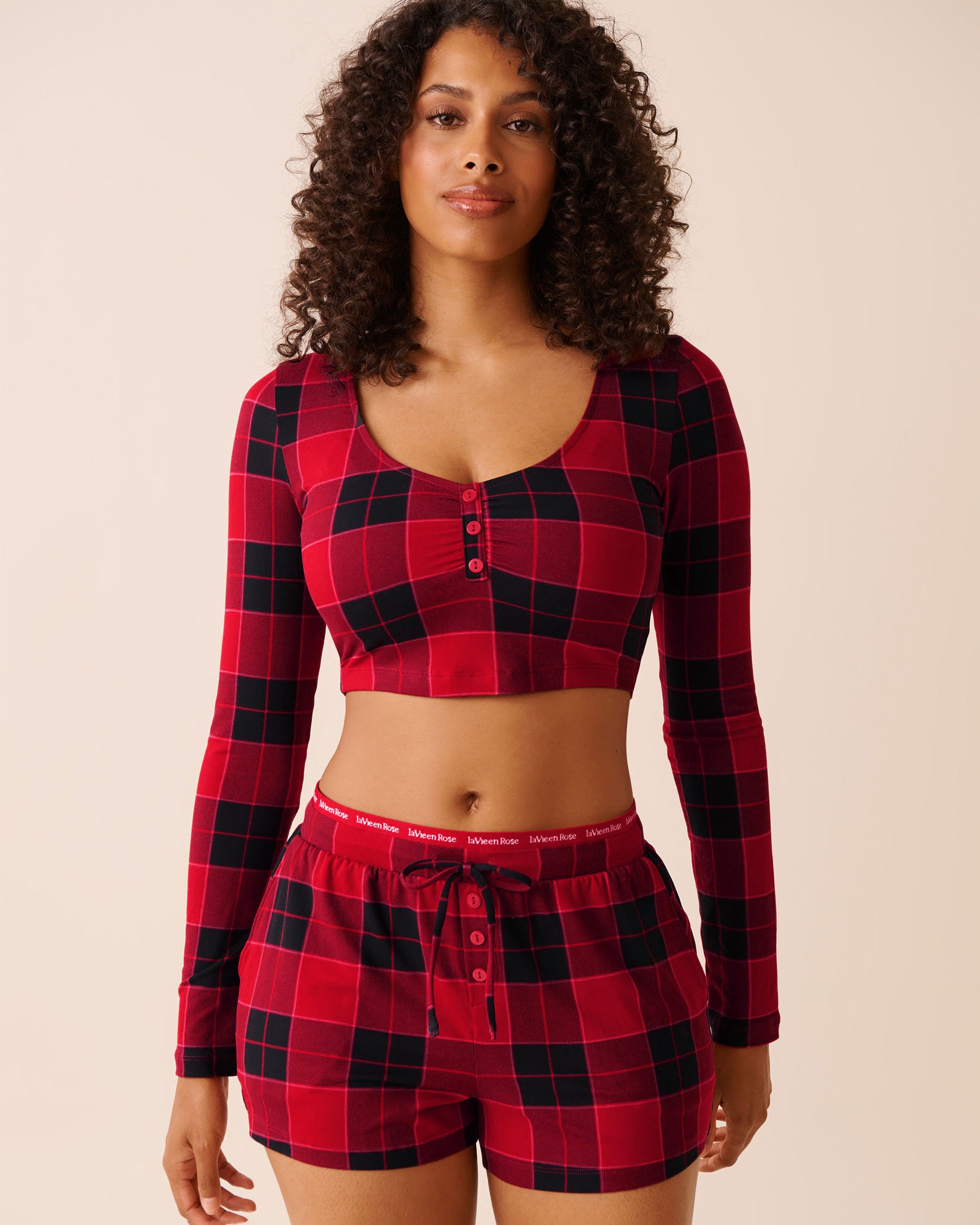 LA VIE EN ROSE Buffalo Plaid Super Soft Long Sleeve Crop Top Buffalo Plaid 40100802 - View1