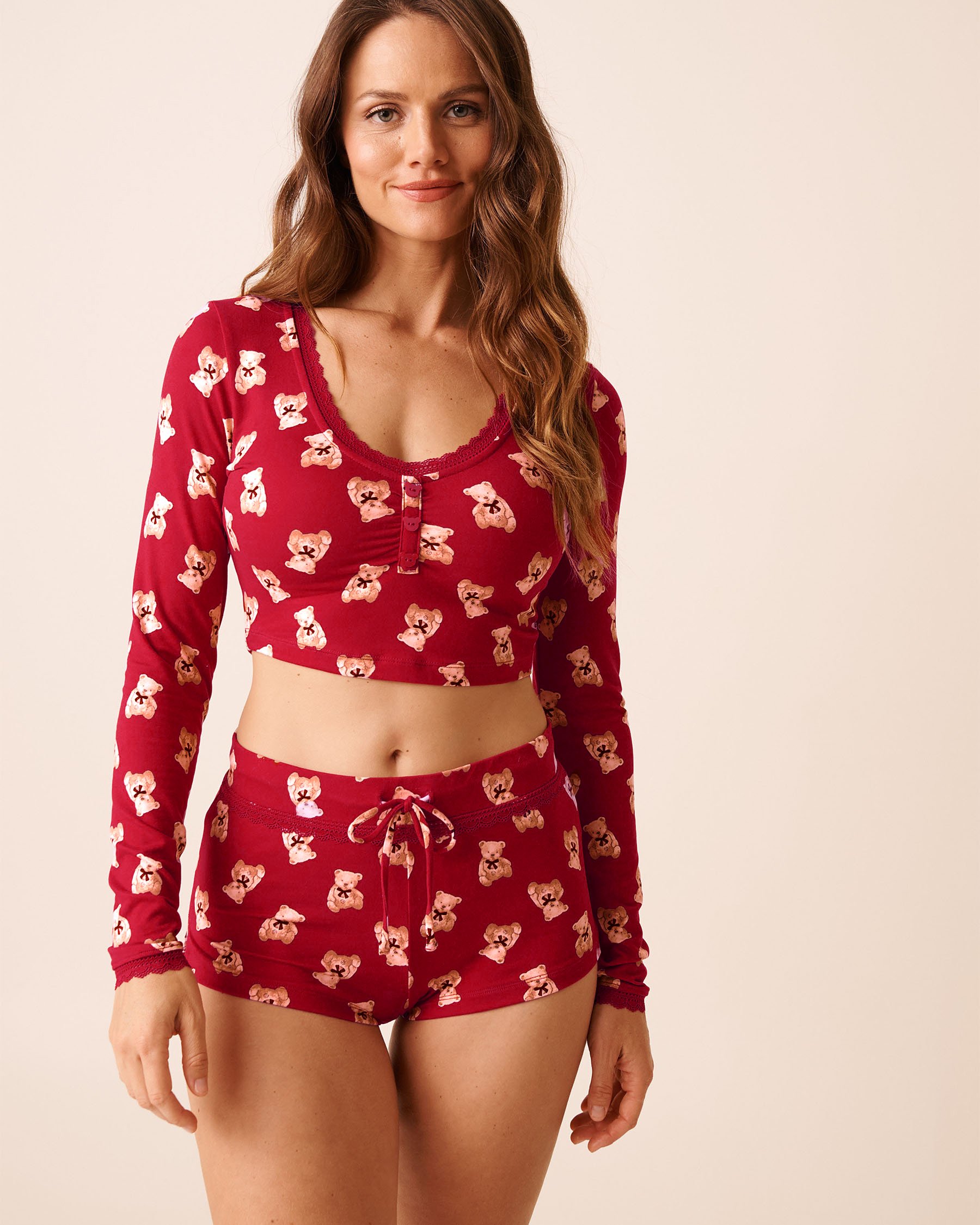 LA VIE EN ROSE Teddy Bear Print Super Soft Long Sleeve Crop Top Red/Teddy Bears 40100802 - View1