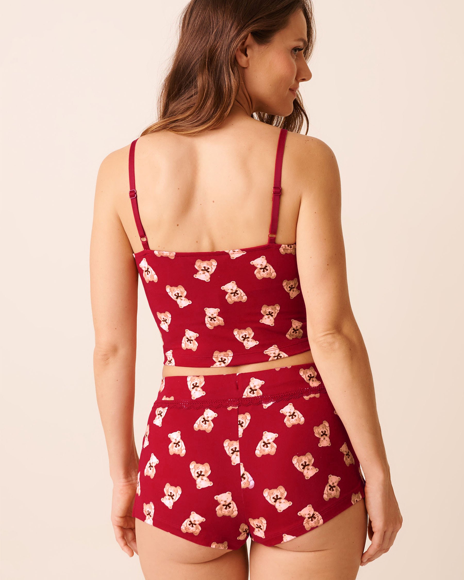 LA VIE EN ROSE Teddy Bear Print Super Soft Crop Cami Red/Teddy Bears 40100803 - View2