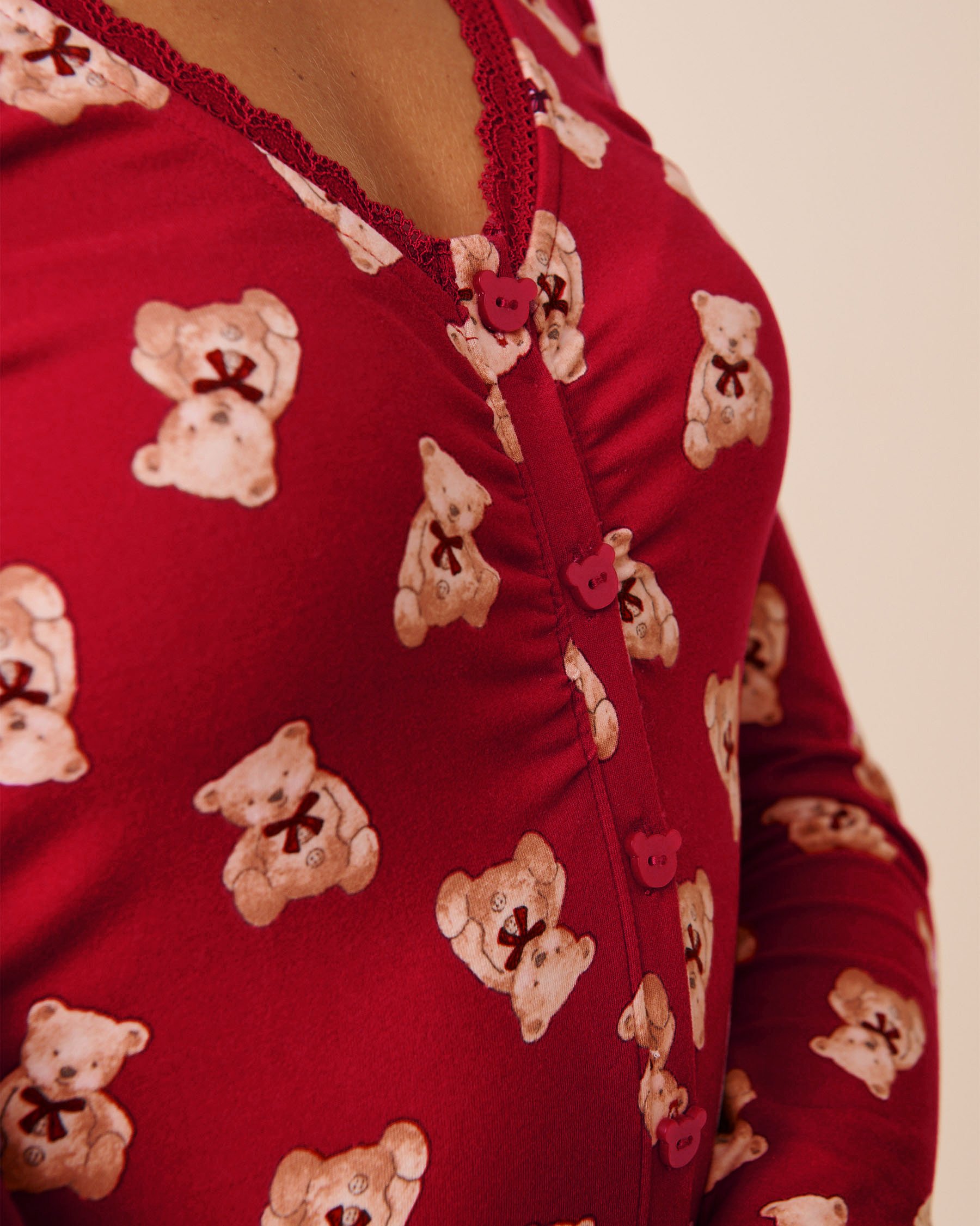 LA VIE EN ROSE Teddy Bear Print Super Soft Long Sleeve Romper Red/Teddy Bears 40300064 - View2