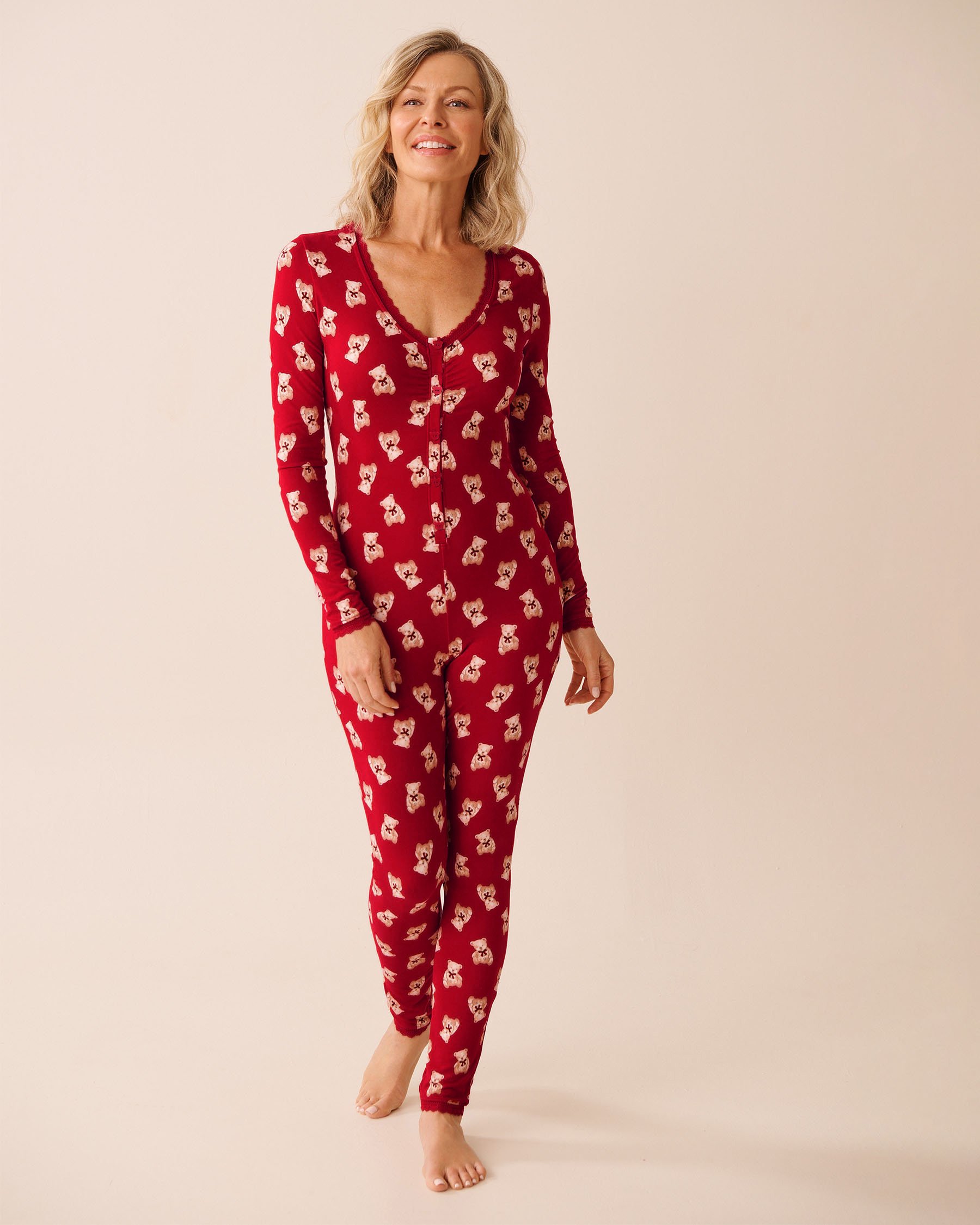 LA VIE EN ROSE Teddy Bear Print Super Soft Long Sleeve Jumpsuit Red/Teddy Bears 40300066 - View1