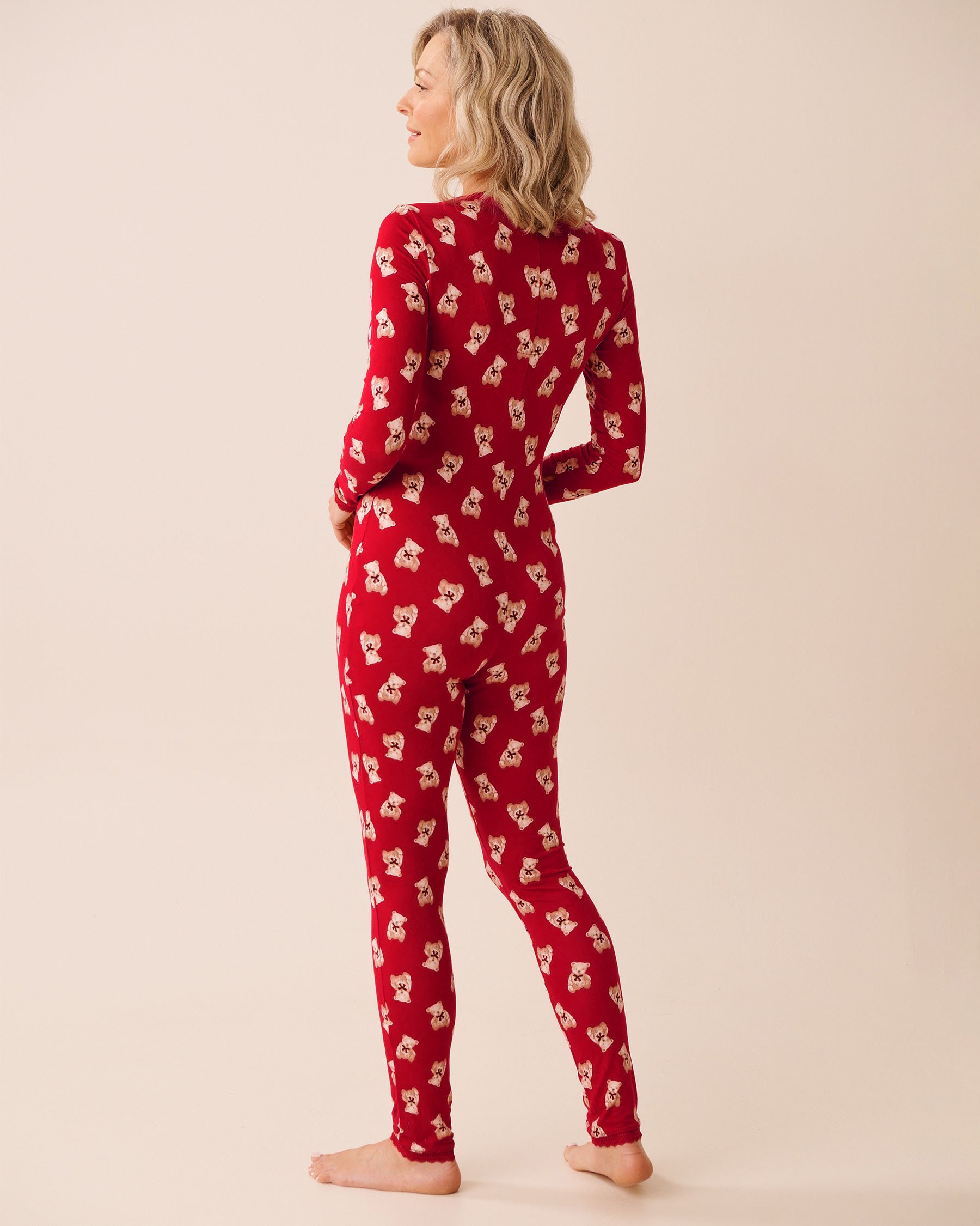 LA VIE EN ROSE Teddy Bear Print Super Soft Long Sleeve Jumpsuit Red/Teddy Bears 40300066 - View2