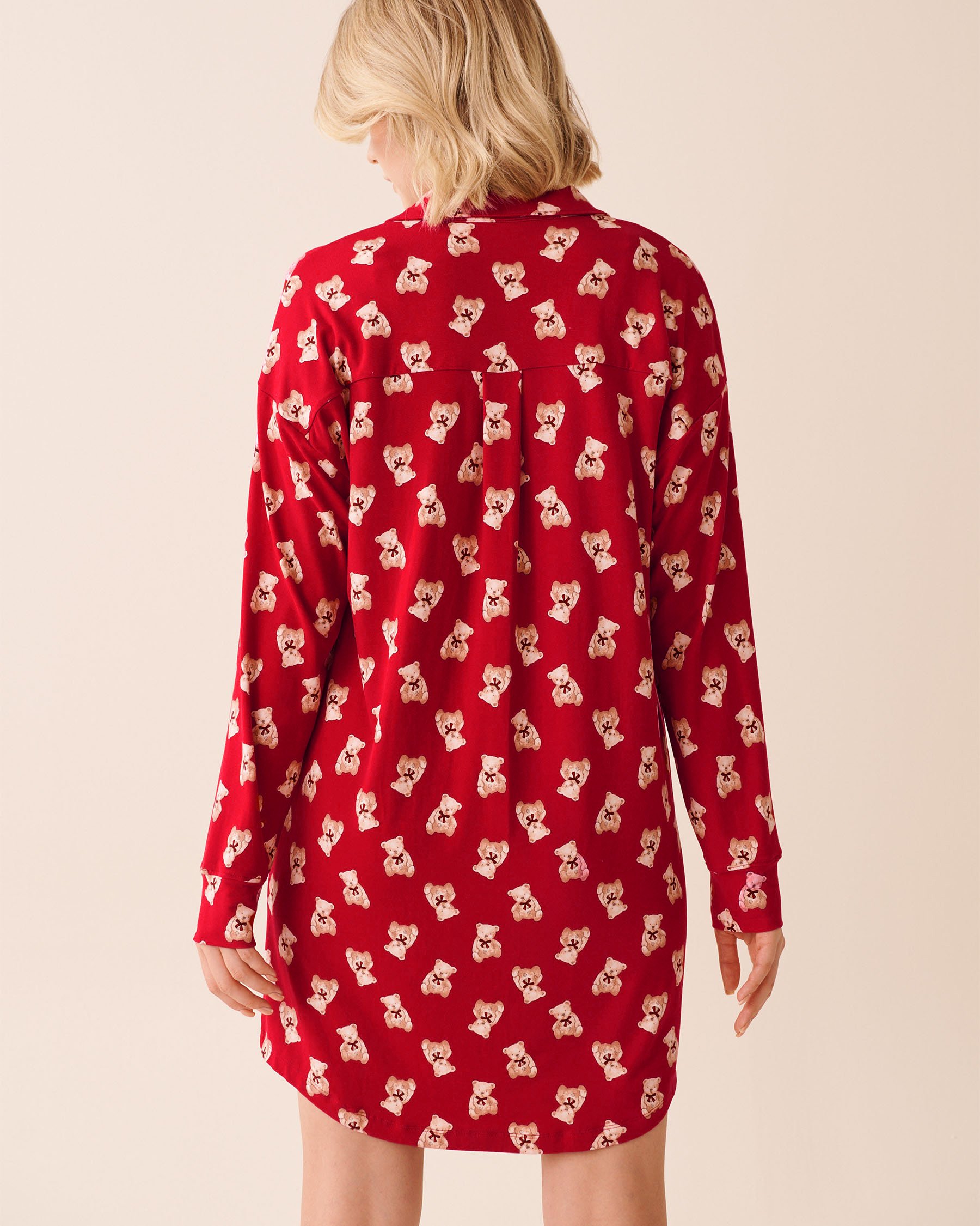 LA VIE EN ROSE Teddy Bear Print Super Soft Button-down Sleepshirt Red/Teddy Bears 40500461 - View2