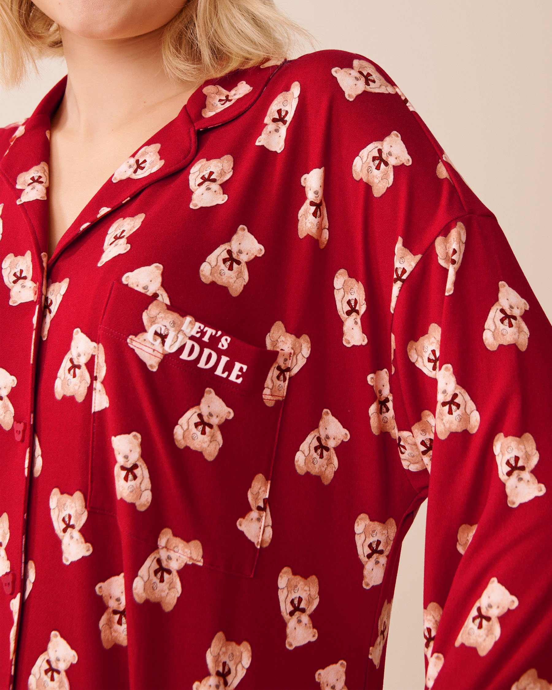LA VIE EN ROSE Teddy Bear Print Super Soft Button-down Sleepshirt Red/Teddy Bears 40500461 - View3