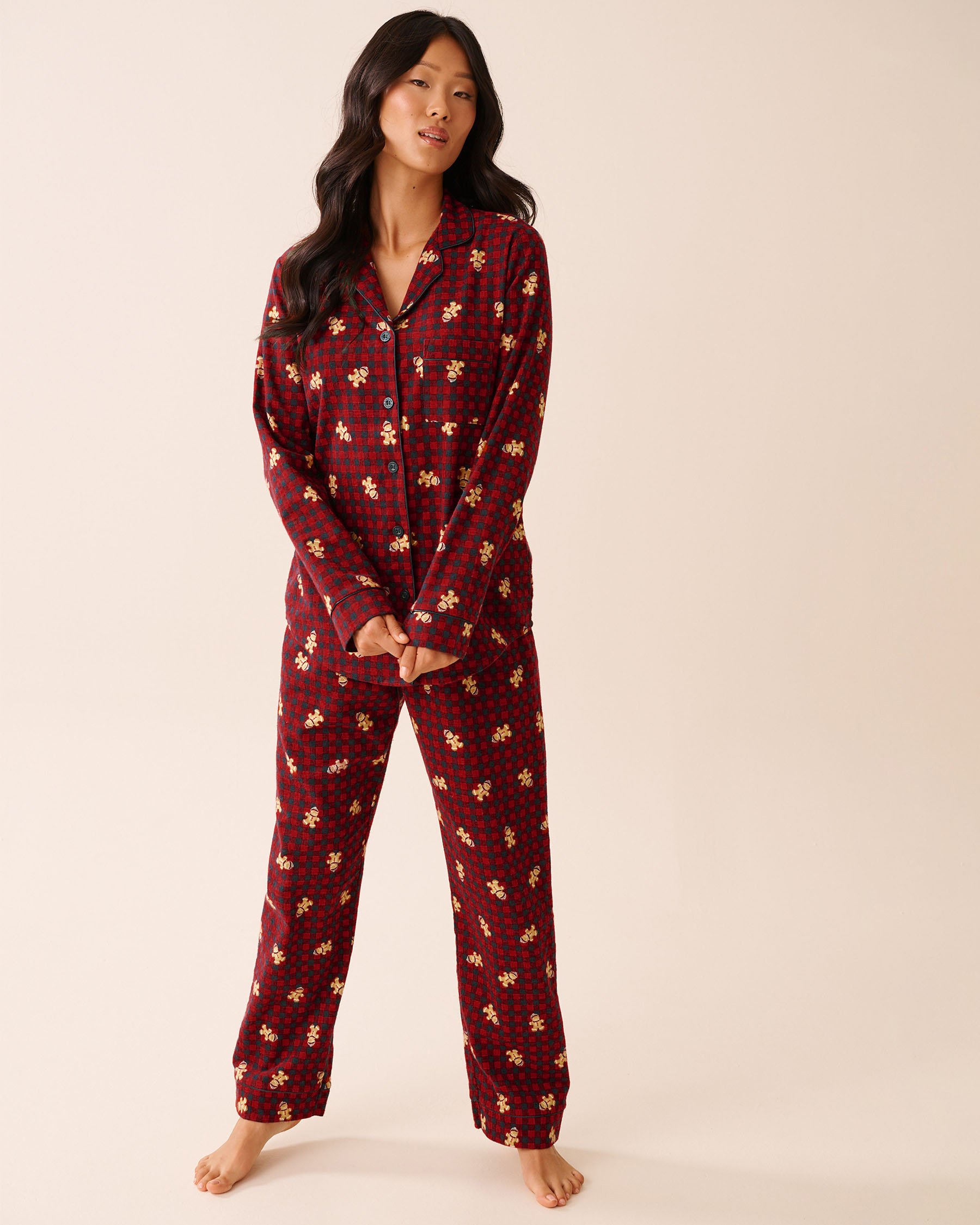LA VIE EN ROSE Gingerbread Print Flannel PJ Set Red Plaid/Gingerbread 40400089 - View3