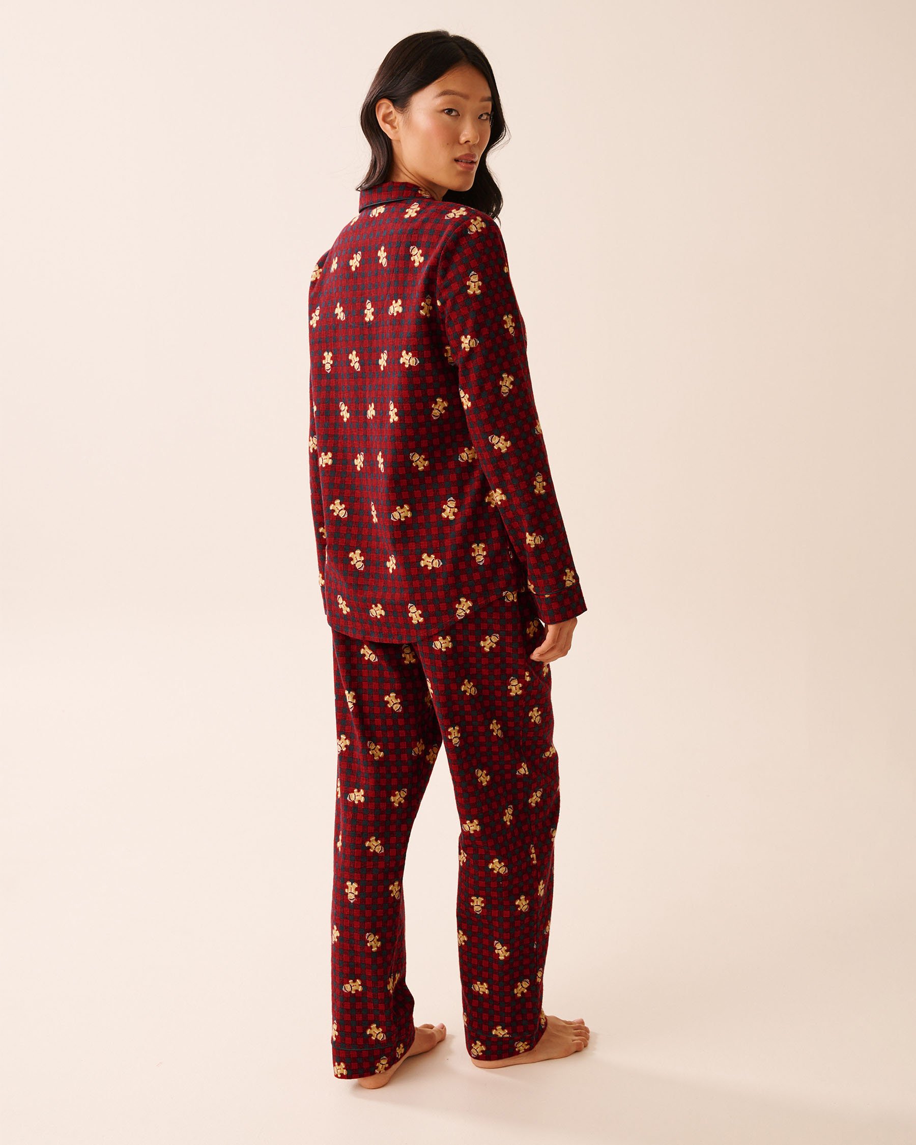 LA VIE EN ROSE Gingerbread Print Flannel PJ Set Red Plaid/Gingerbread 40400089 - View4