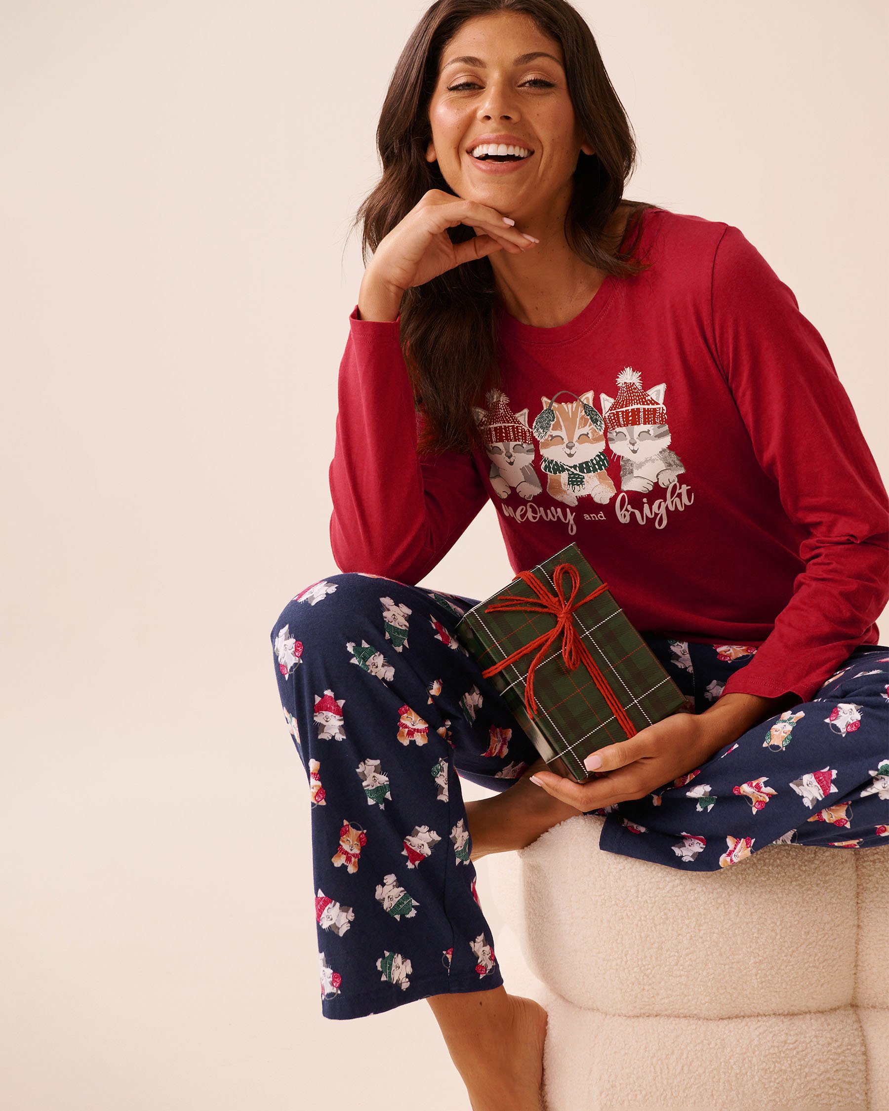 LA VIE EN ROSE Kitten Print Cotton PJ Set Red/Kittens 40400087 - View1