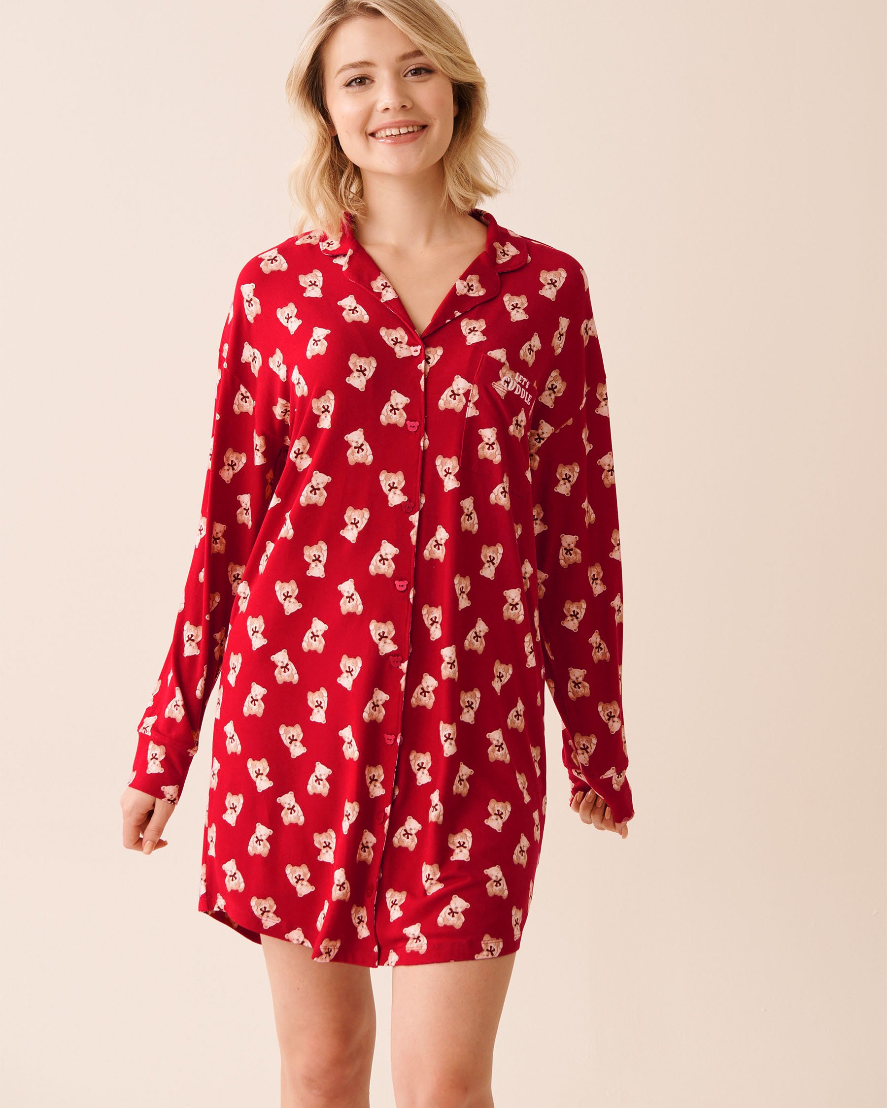 LA VIE EN ROSE Teddy Bear Print Super Soft Button-down Sleepshirt Red/Teddy Bears 40500461 - View1