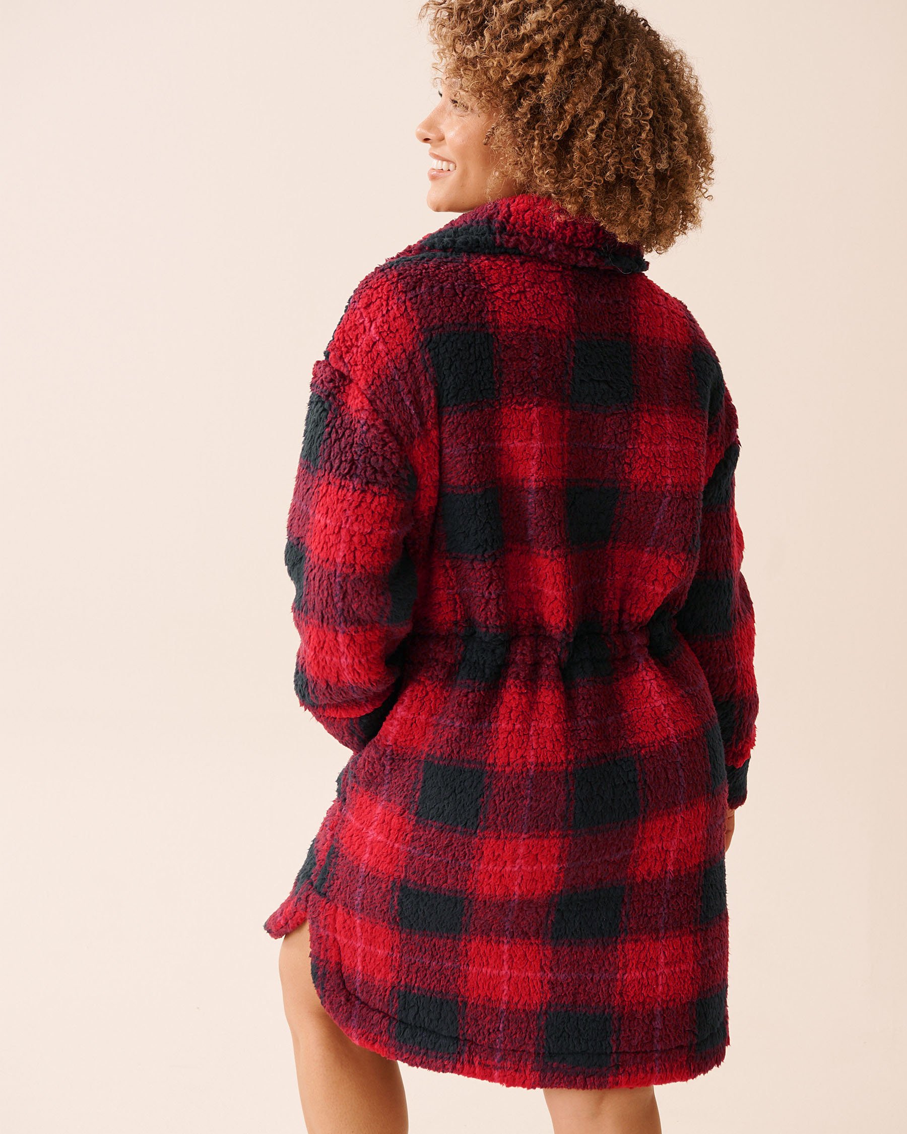 LA VIE EN ROSE Zip-up Funnel Neck Sherpa Robe Buffalo Plaid 40600221 - View2