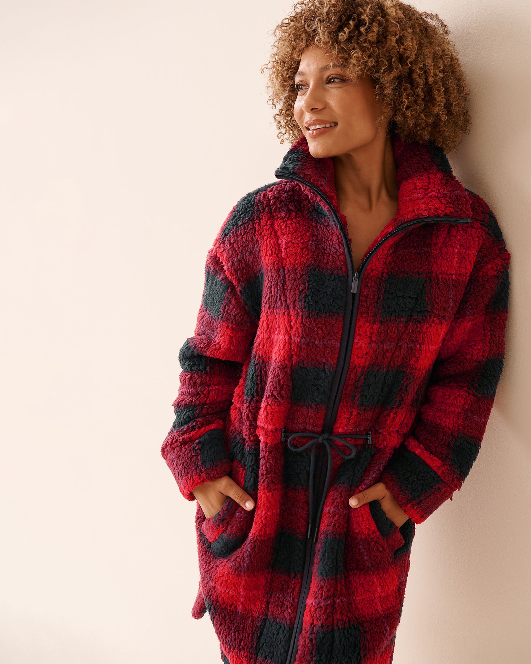 LA VIE EN ROSE Zip-up Funnel Neck Sherpa Robe Buffalo Plaid 40600221 - View3