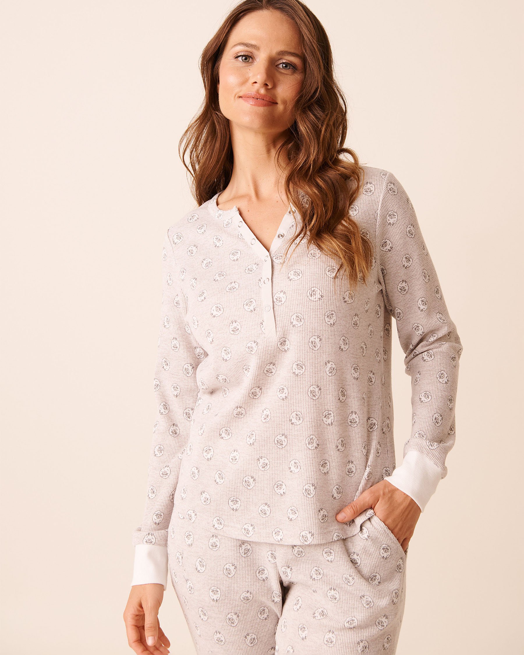 LA VIE EN ROSE Sheep Print Waffle Knit Long Sleeve Shirt Light Grey/Sheep 40100800 - View1