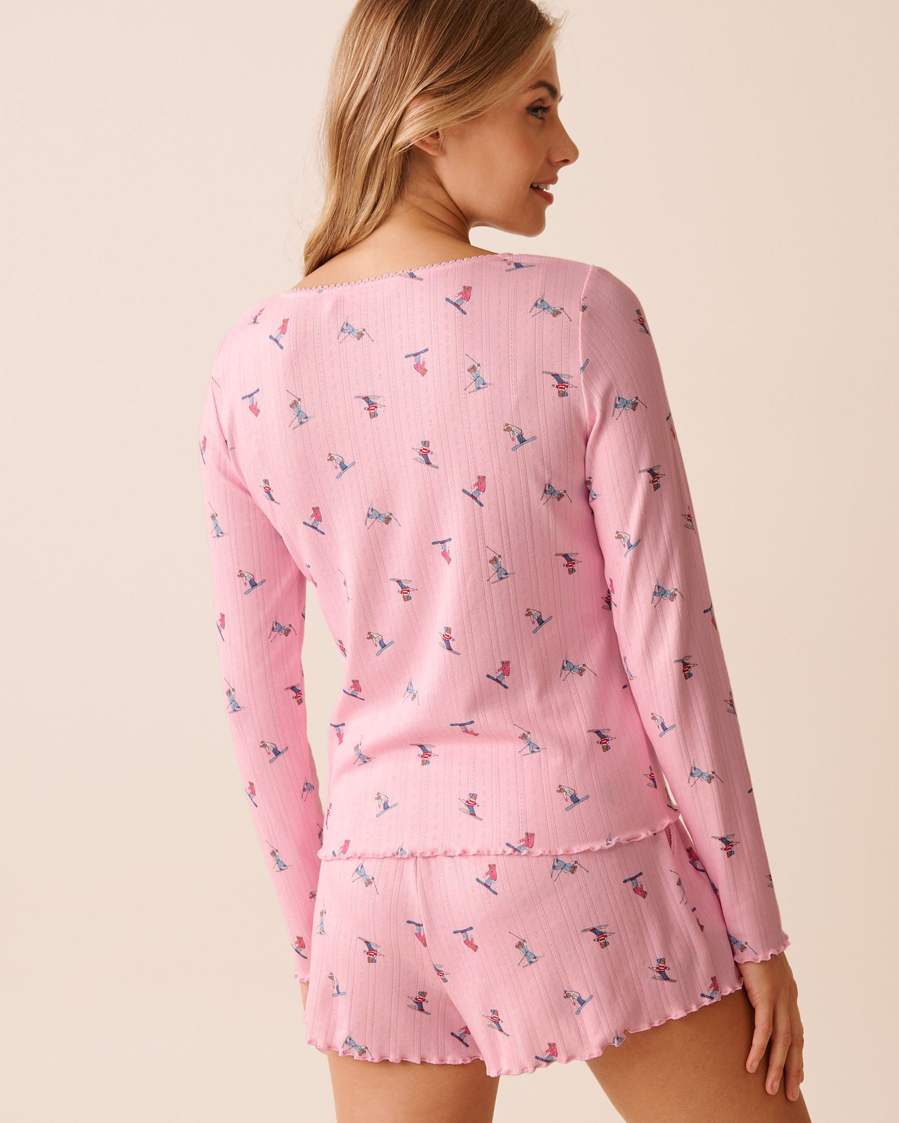 LA VIE EN ROSE Skiing Bear Print Pointelle Long Sleeve Shirt Pink/Skiing Bears 40100789 - View4