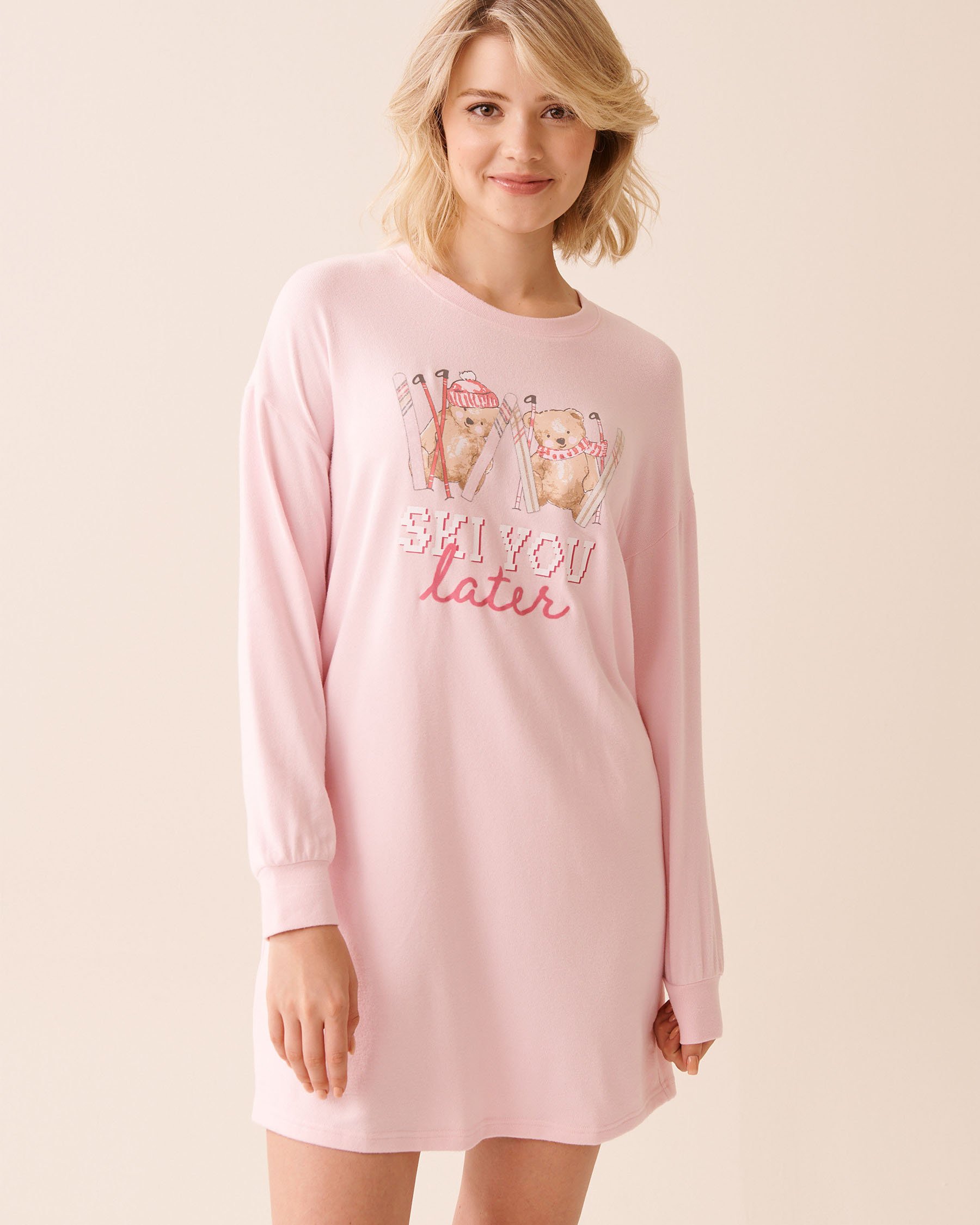 LA VIE EN ROSE Skiing Bear Print Recycled Fibers Long Sleeve Sleepshirt Pastel Pink 40500455 - View1