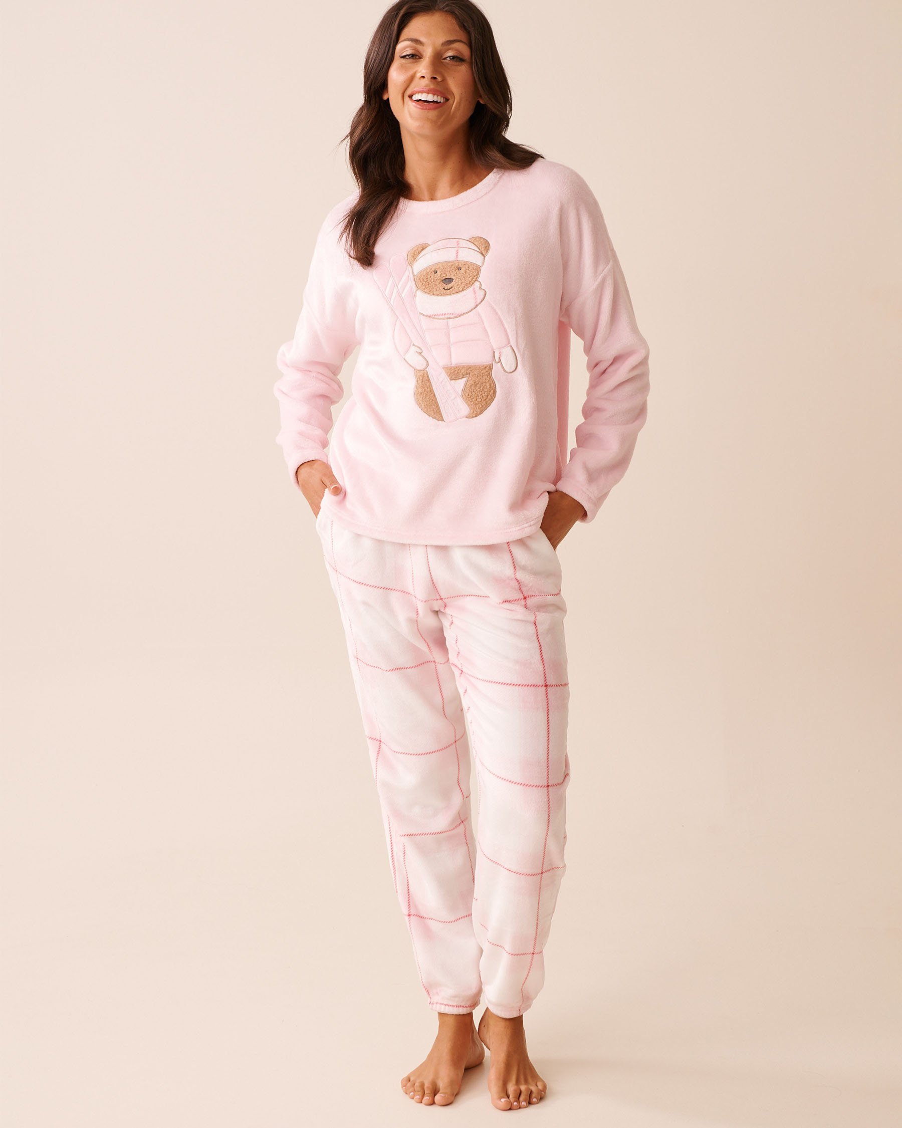 LA VIE EN ROSE Teddy Bear Print Soft Plush PJ Set Light Pink/Teddy Bear 40400091 - View3