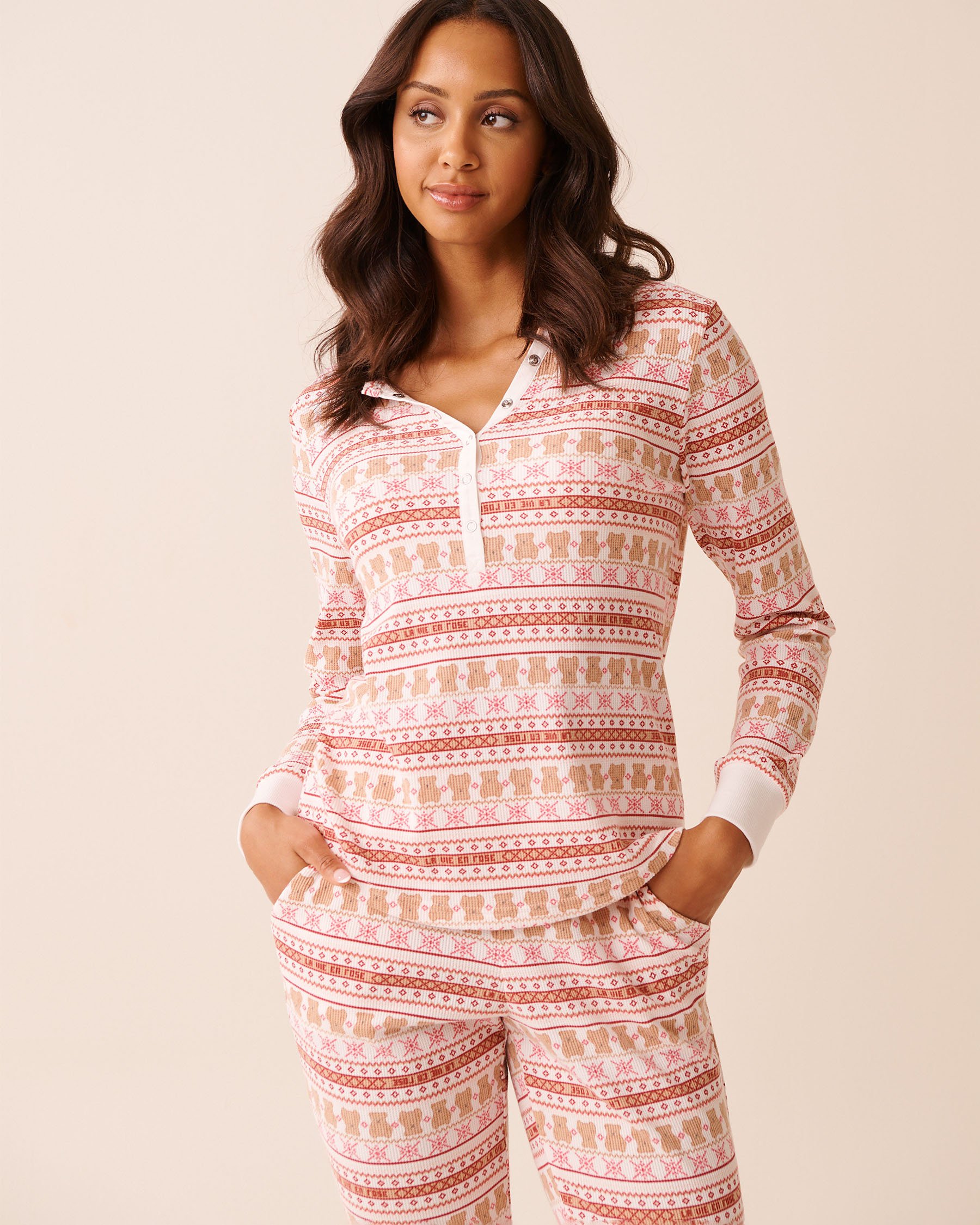 LA VIE EN ROSE Teddy Bear Print Waffle Knit Long Sleeve Shirt Fair Isle/Teddy Bears 40100800 - View3