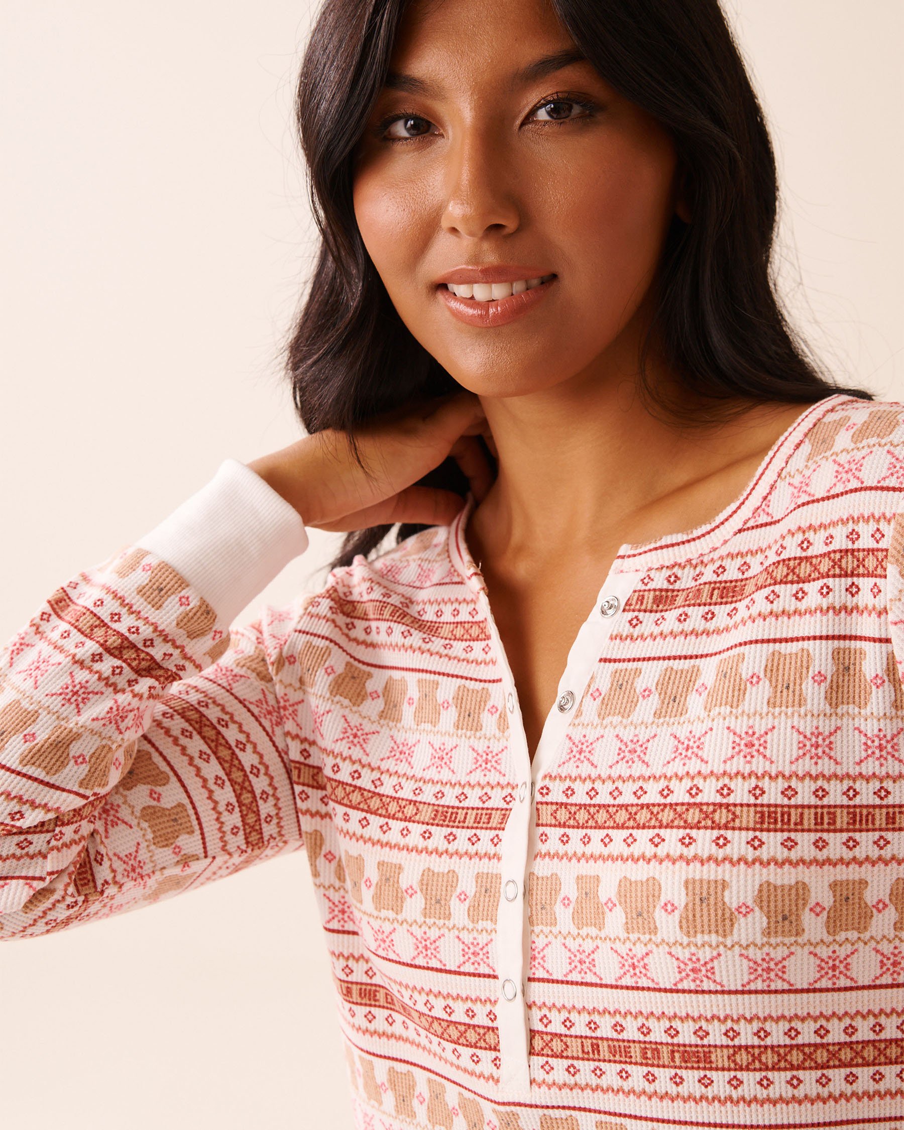 LA VIE EN ROSE Teddy Bear Print Waffle Knit Long Sleeve Sleepshirt Fair Isle/Teddy Bears 40500458 - View3