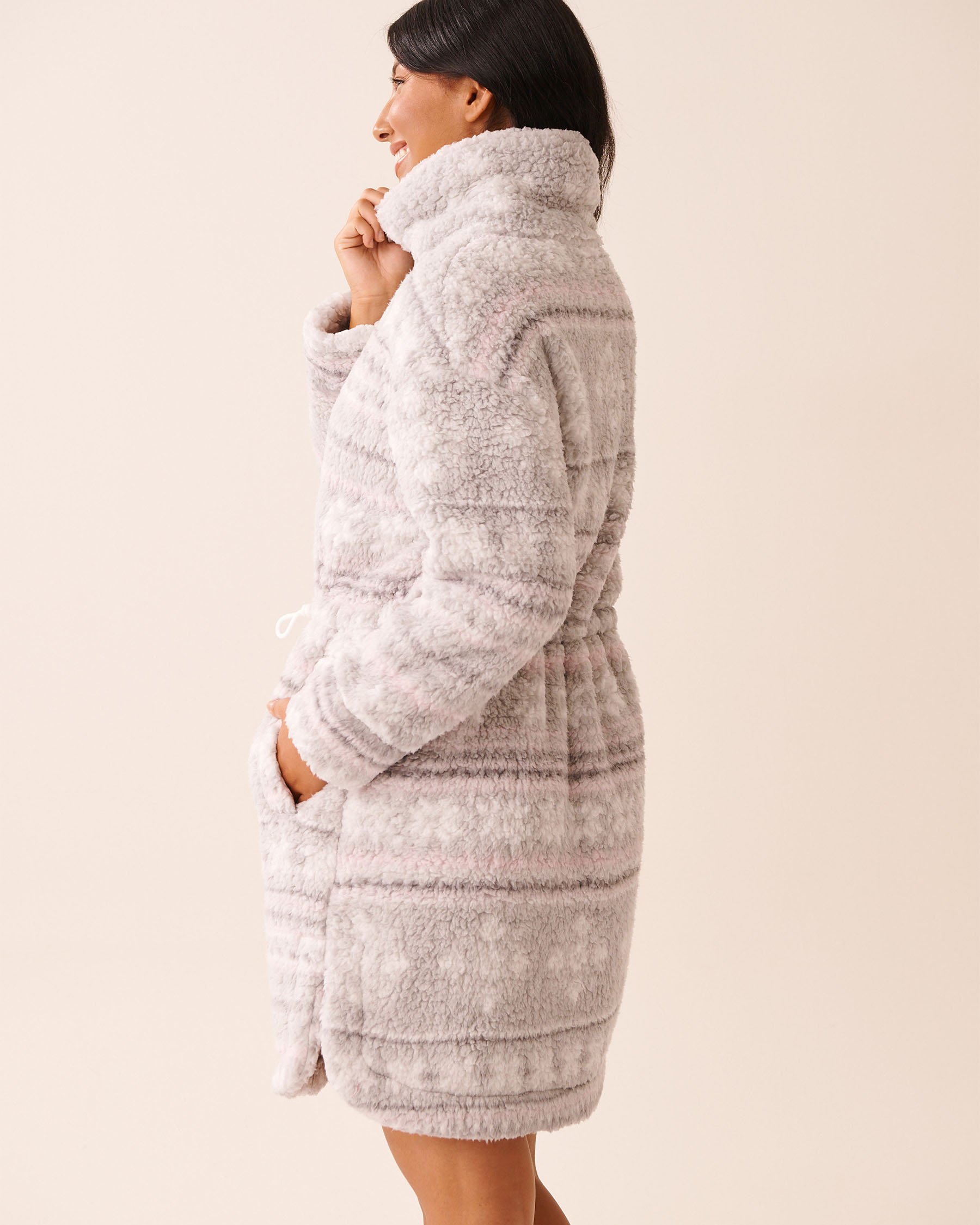 LA VIE EN ROSE Zip-up Funnel Neck Sherpa Robe Grey Fair Isle 40600221 - View5