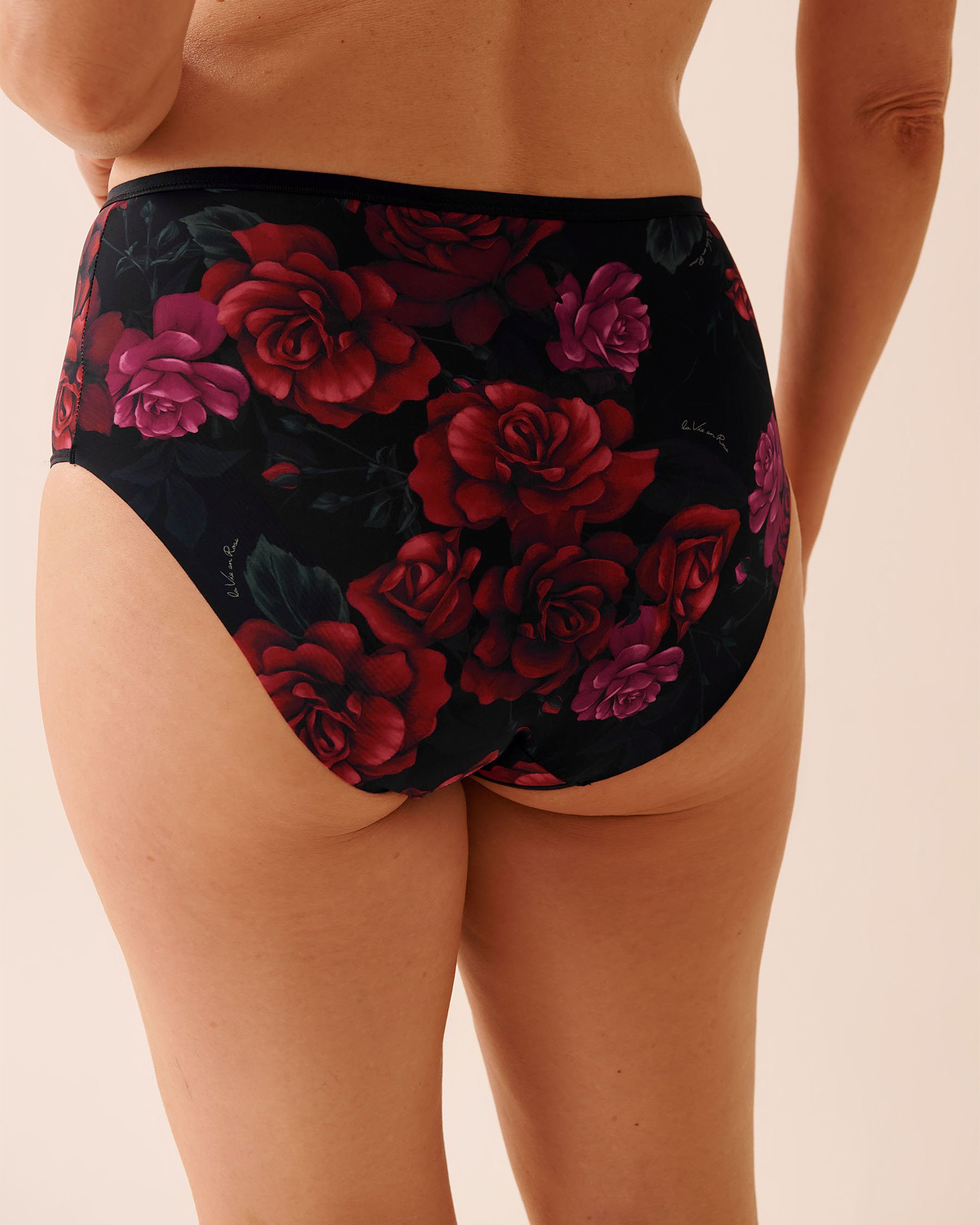LA VIE EN ROSE Microfiber Sleek Back High Waist Bikini Panty Black/Red Roses 20300463 - View3