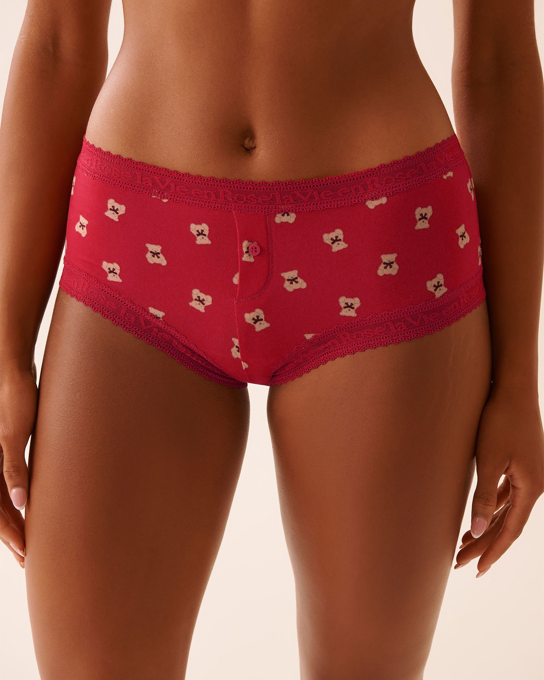 LA VIE EN ROSE Super Soft Lace Trim Boyshort Panty Red/Teddy Bears 20100692 - View1