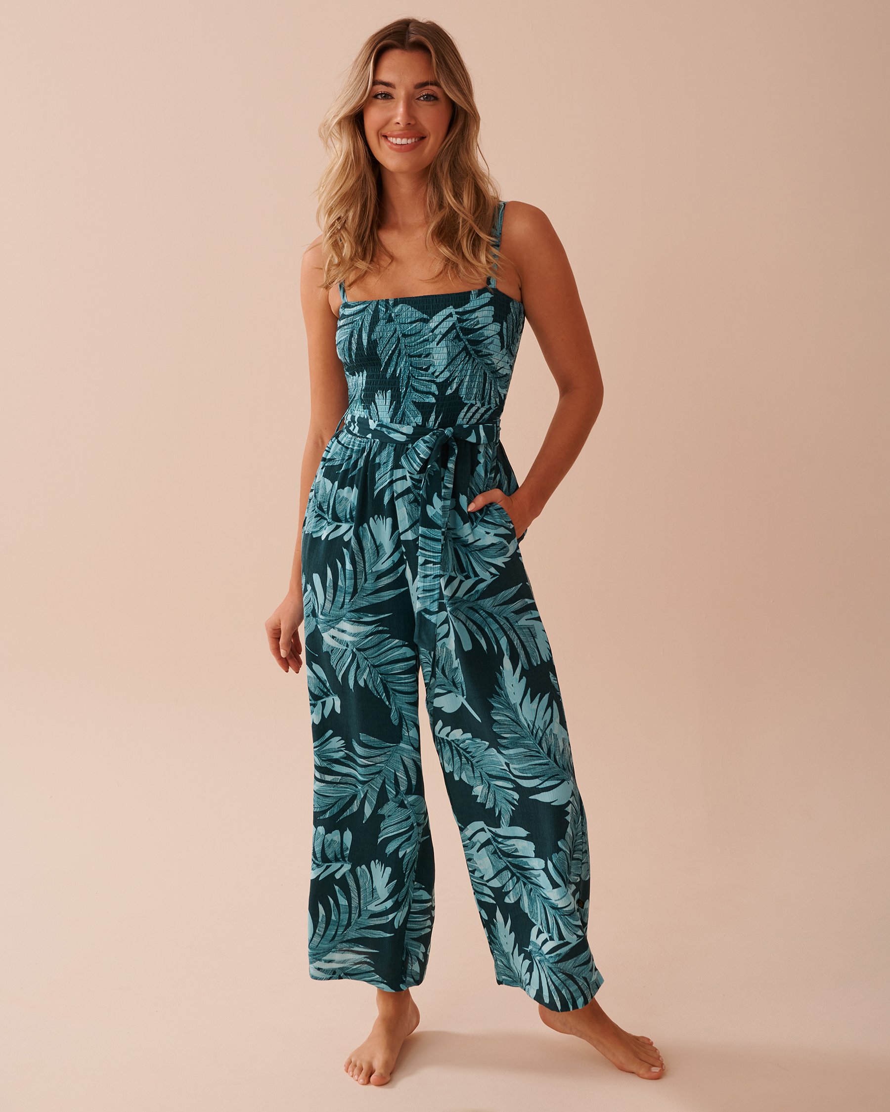 LA VIE EN ROSE AQUA Tropical Leaf Print Wide-leg Jumpsuit Ocean Oasis 80300101 - View1