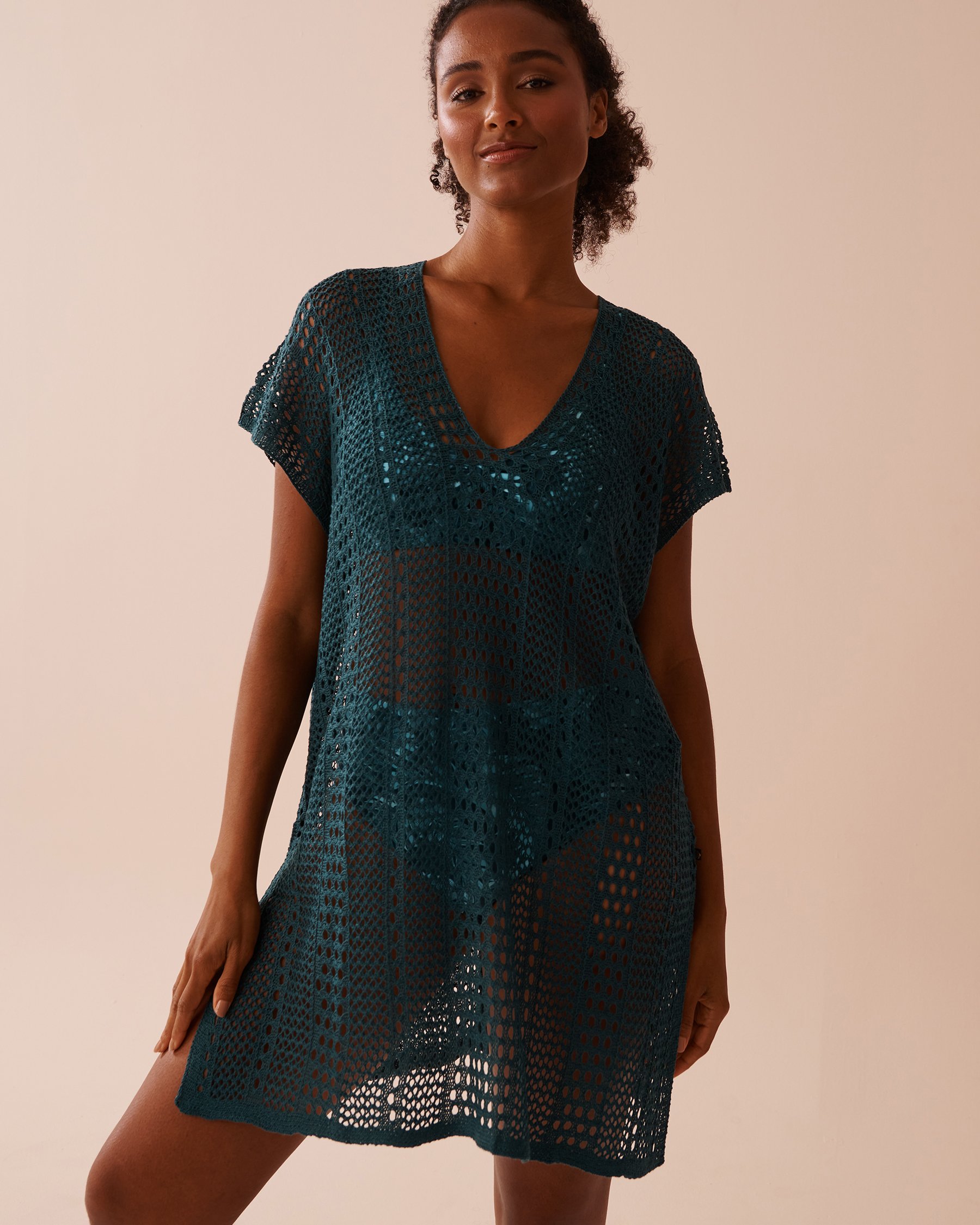 LA VIE EN ROSE AQUA Short Sleeve Crochet Tunic Deep Teal 80400061 - View4