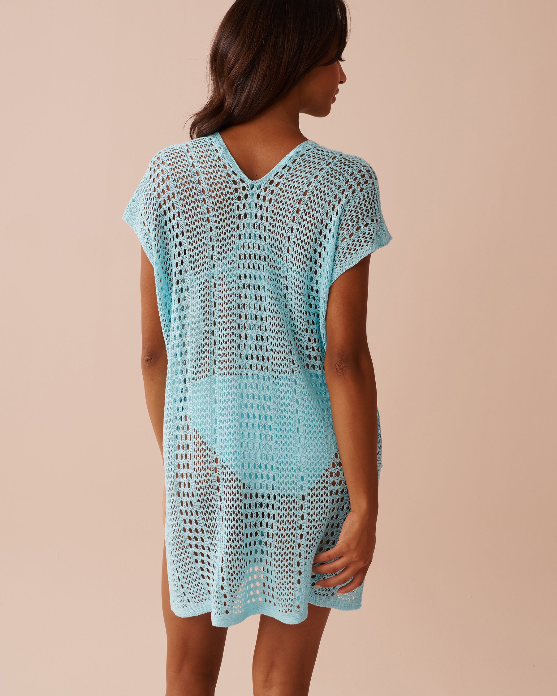 LA VIE EN ROSE AQUA Short Sleeve Crochet Tunic Cyan Blue 80400061 - View2