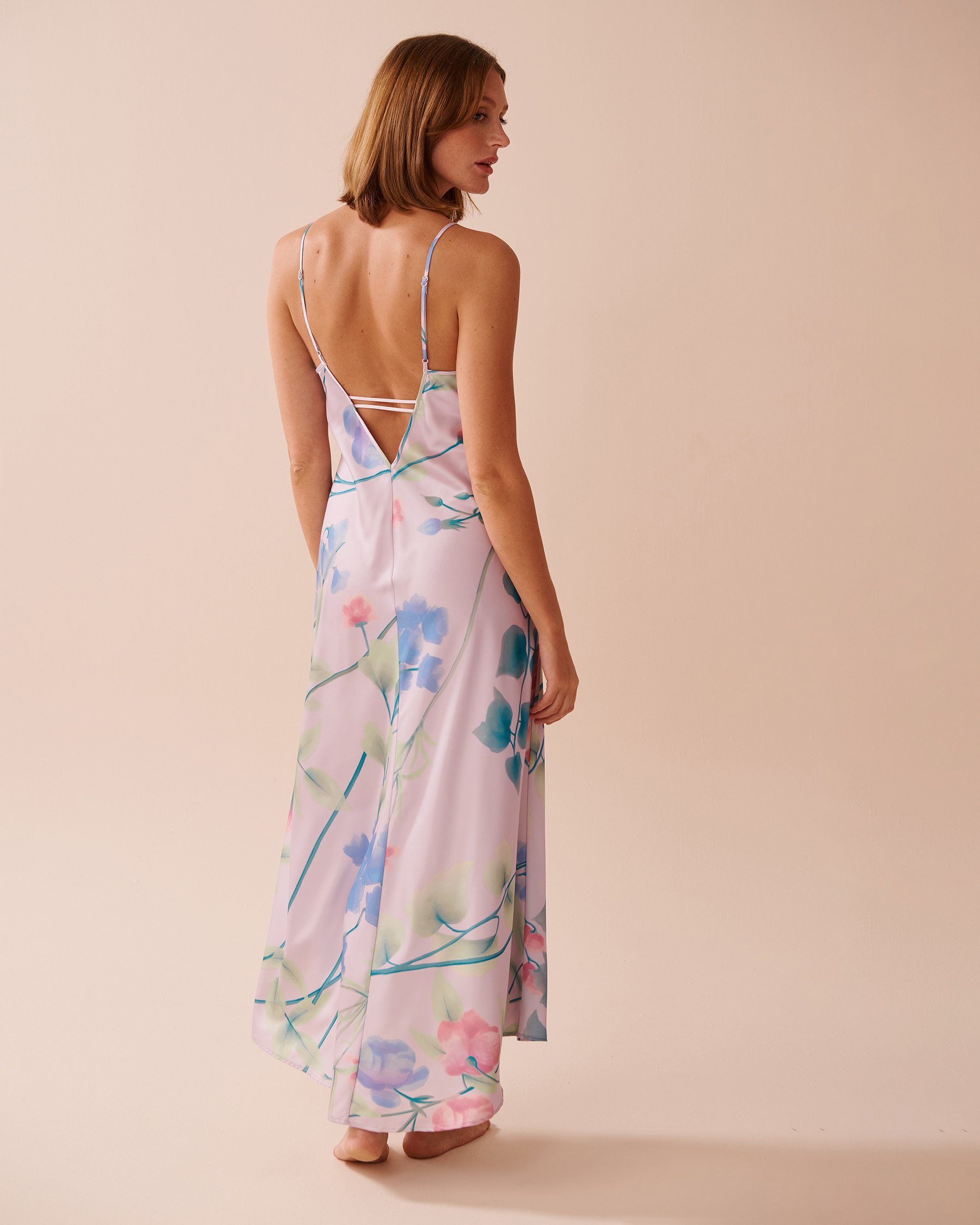 LA VIE EN ROSE Lavender Garden Print Long Satin Nightie with Shelf Bra Lavender Garden 60500171 - View5