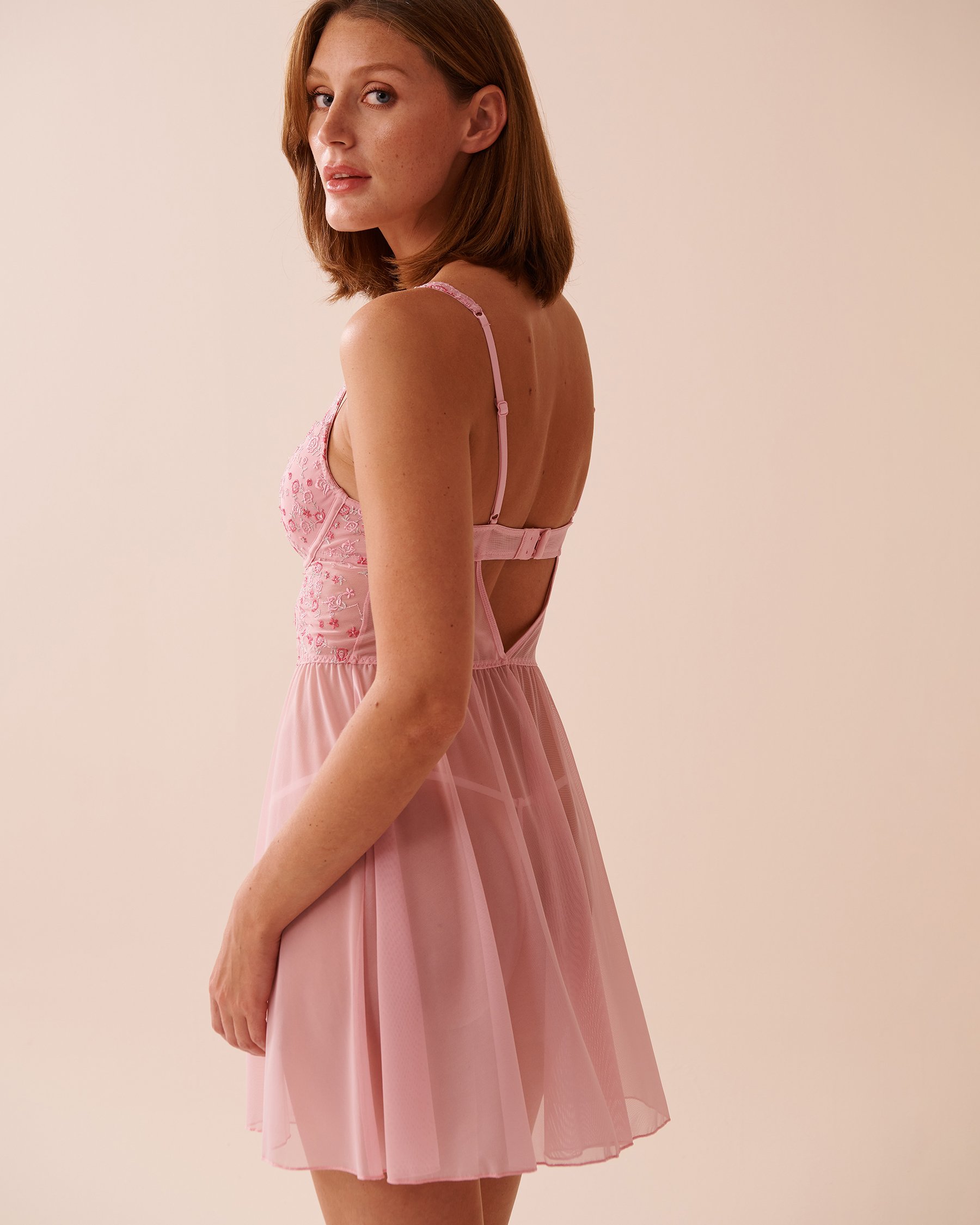 LA VIE EN ROSE Floral Embroidered Mesh and Lace-up Detail Push-up Nightie Blushing Pink 60500175 - View2
