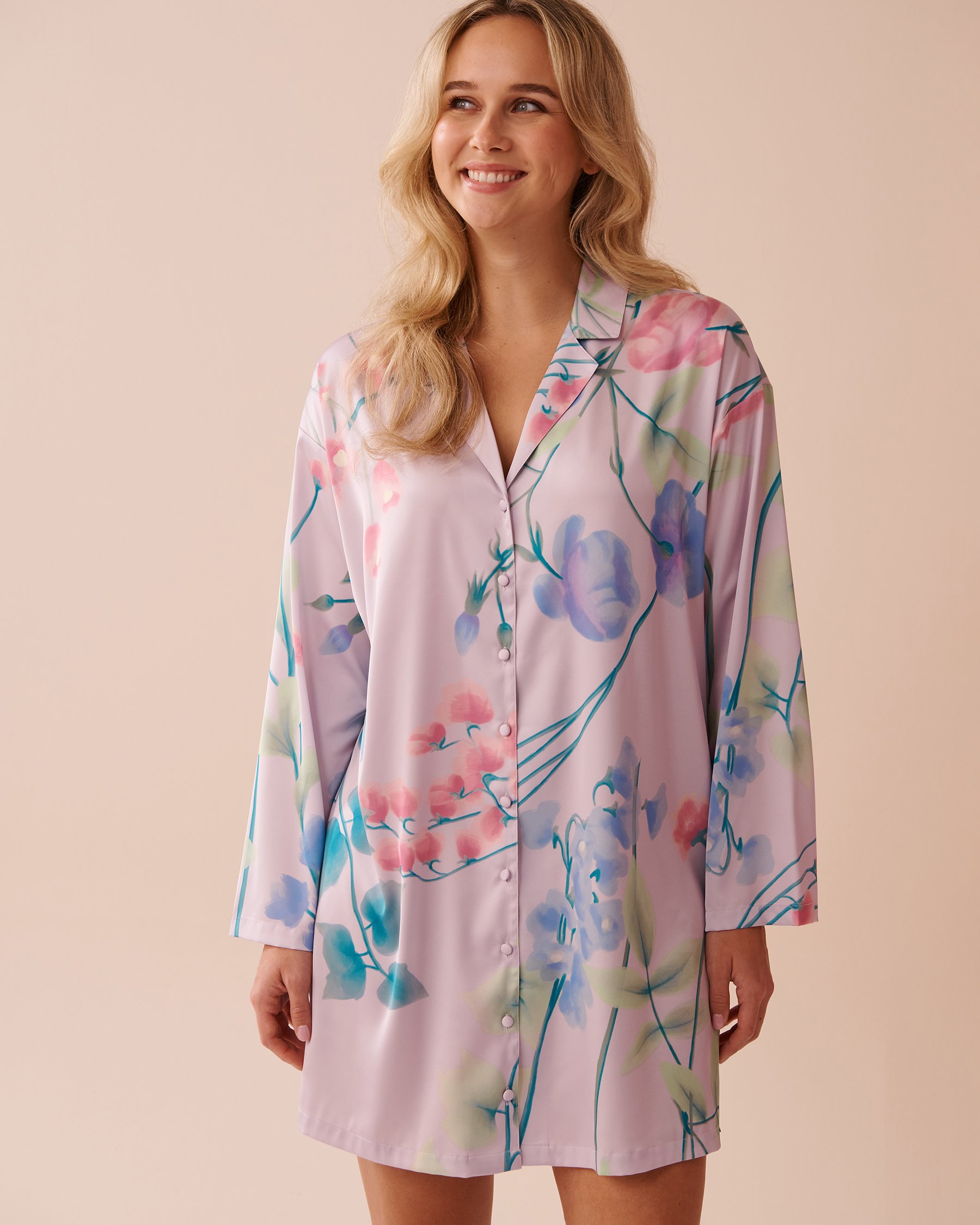 LA VIE EN ROSE Lavender Garden Print Long Sleeve Satin Sleepshirt Lavender Garden 60500172 - View1