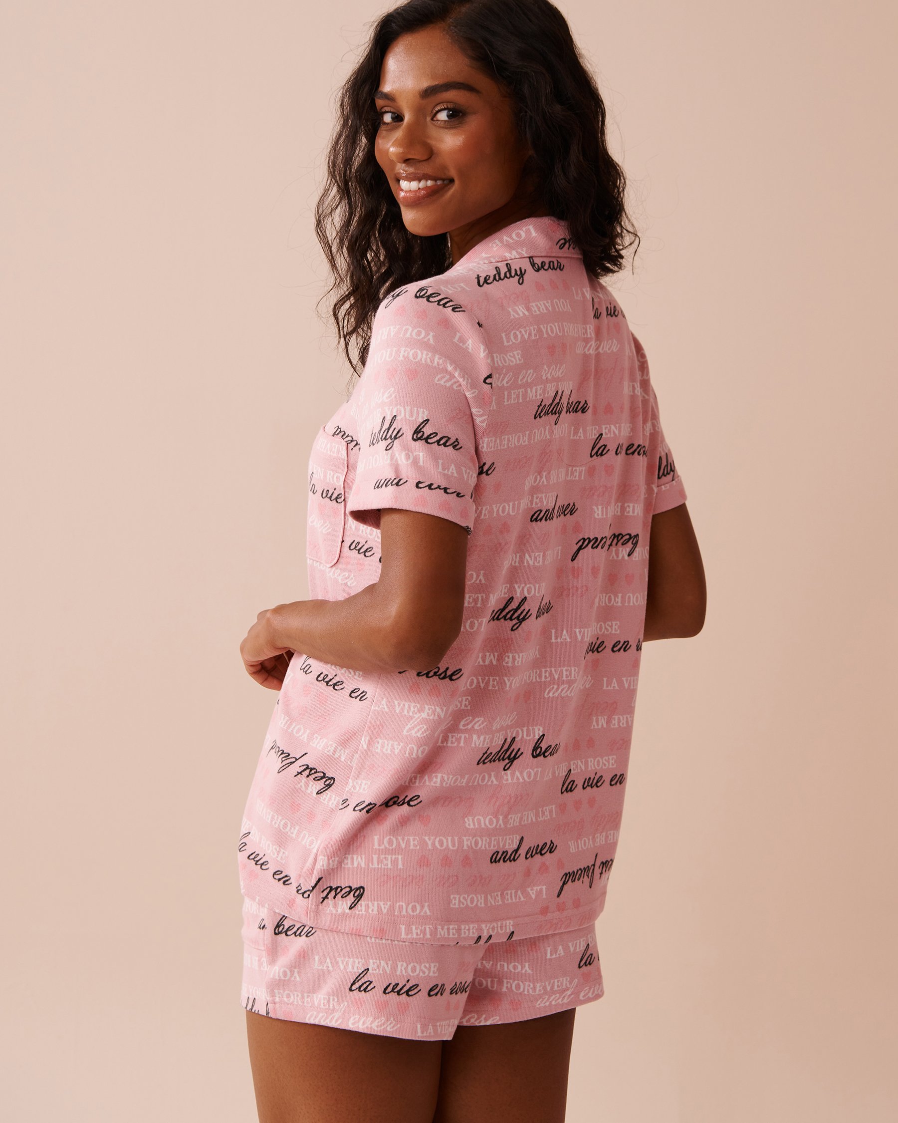 LA VIE EN ROSE Heart and Letter Print Recycled Fibers Button-down Shirt Blushing Pink 40100672 - View2