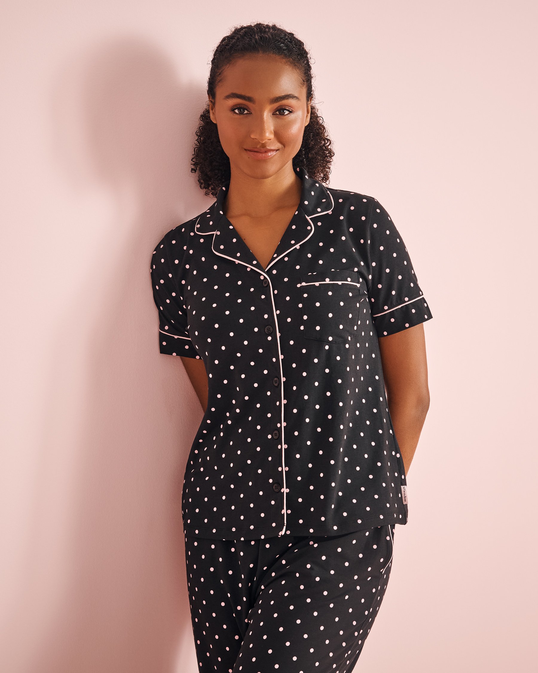 LA VIE EN ROSE Cotton Short Sleeve Button-down Shirt Dotted Black 40100676 - View1