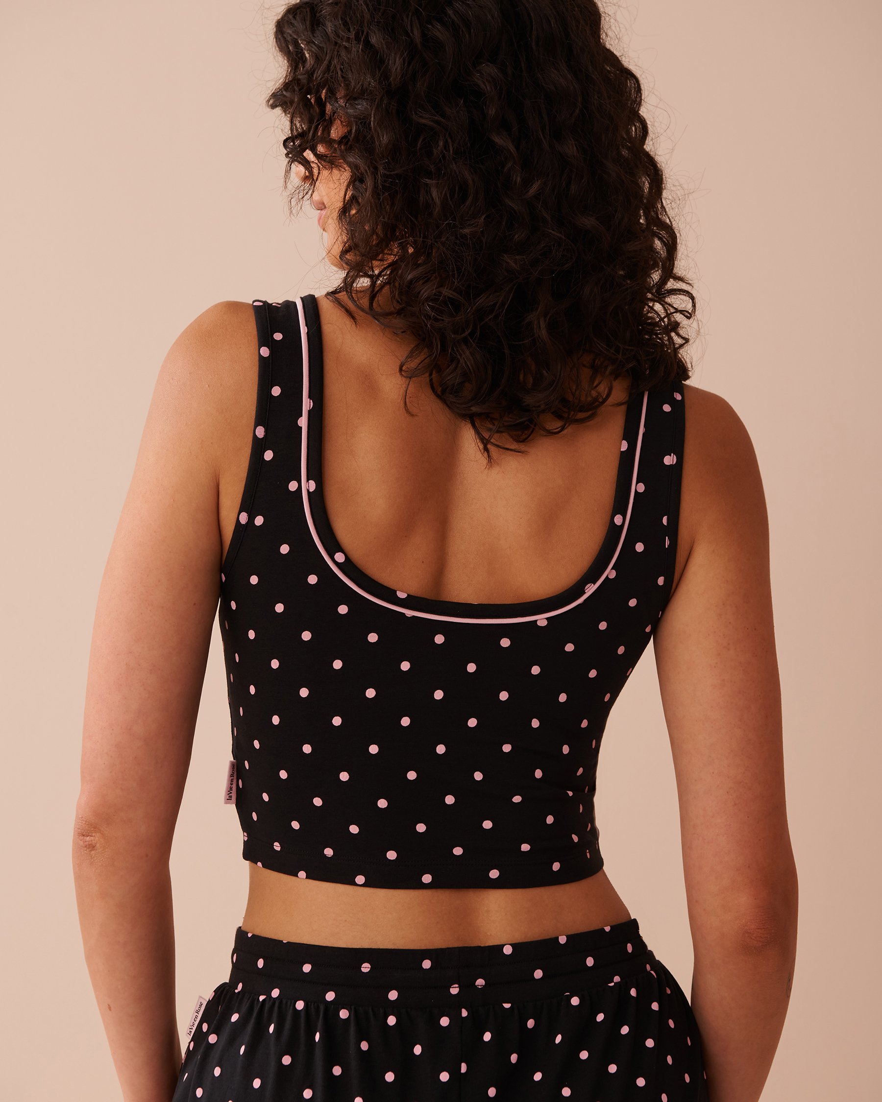 LA VIE EN ROSE Button Detail Cotton Crop Cami with Shelf Bra Dotted Black 40100675 - View2