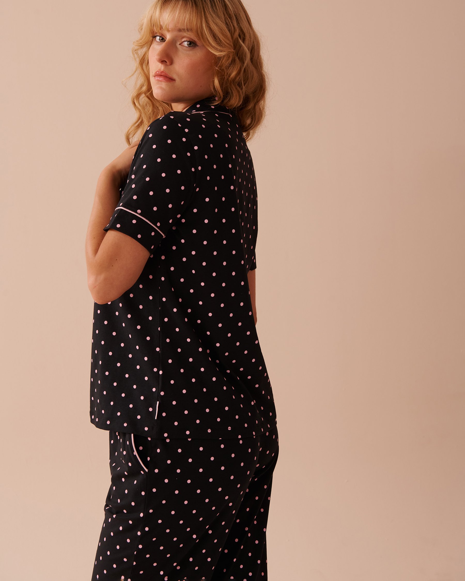 LA VIE EN ROSE Chemisier manches courtes en coton Noir à pois roses 40100676 - Voir3