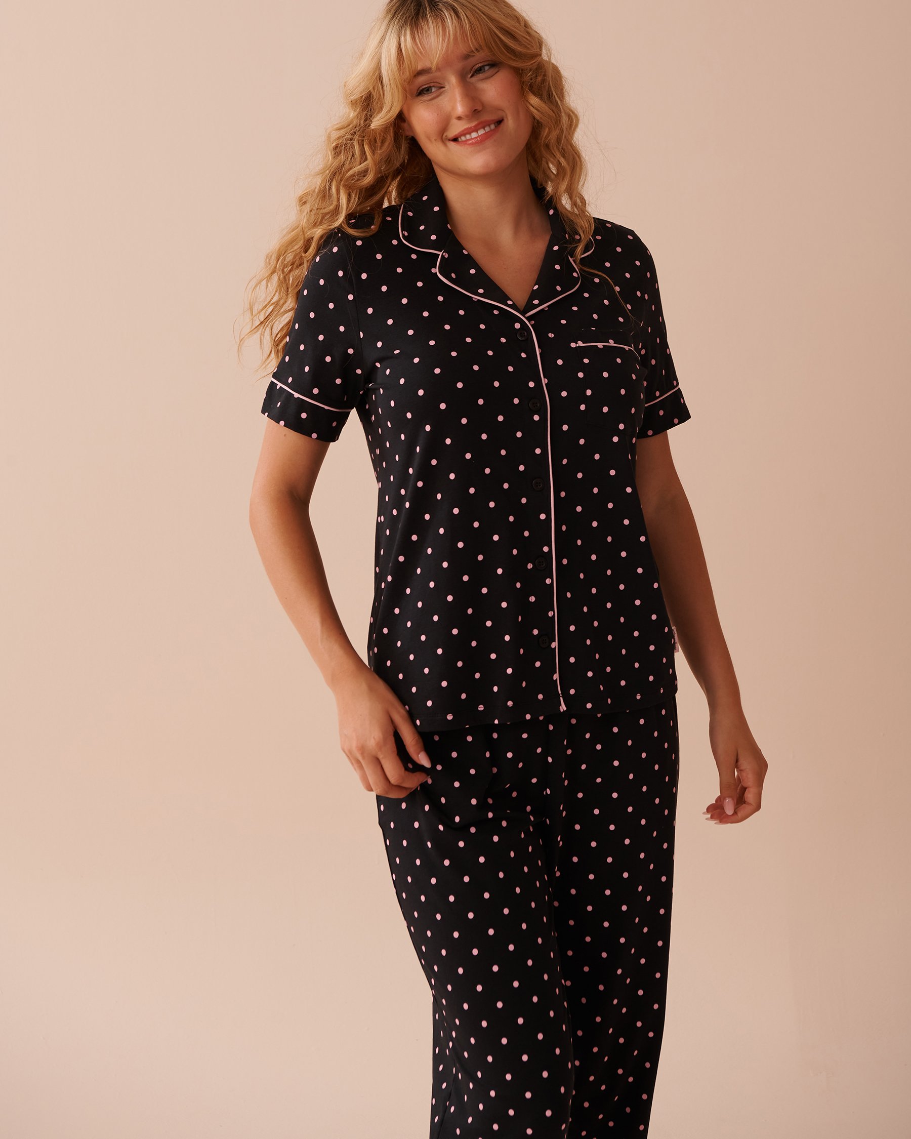 LA VIE EN ROSE Chemisier manches courtes en coton Noir à pois roses 40100676 - Voir5